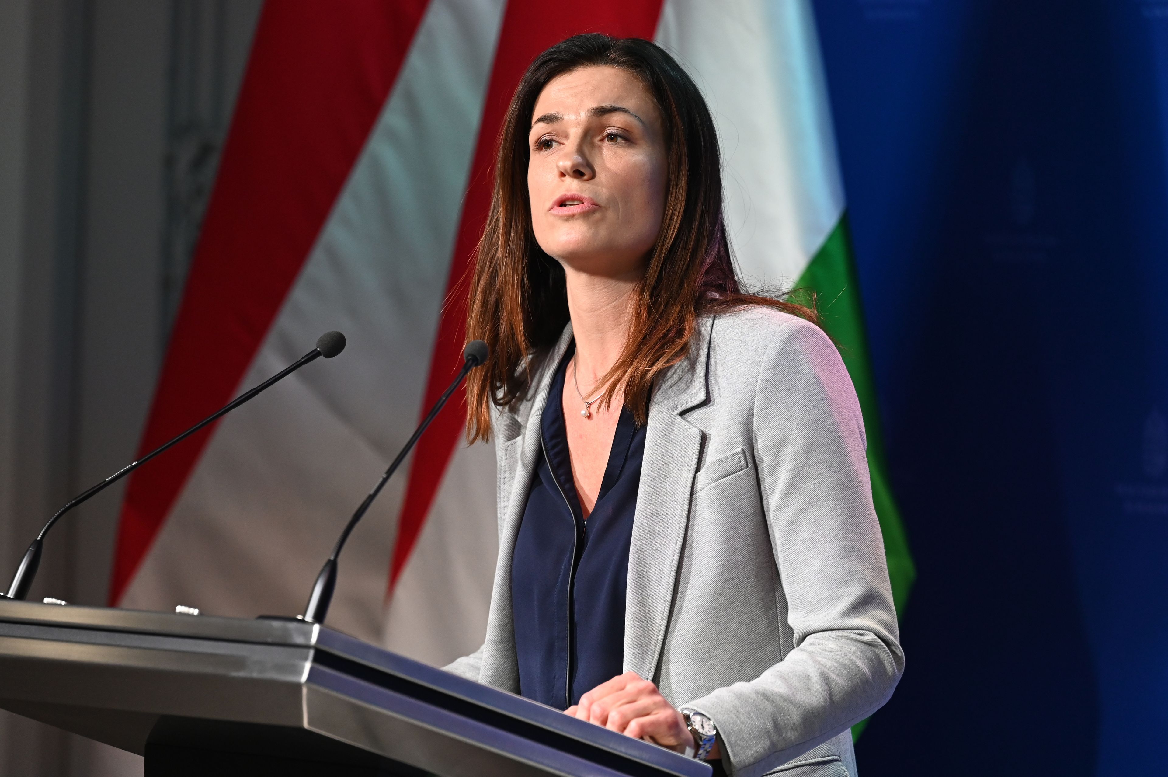 Minister sprawiedliwości Węgier Judit Varga występuje na konferencji prasowej, aby skomentować decyzję Trybunału Sprawiedliwości UE. Budapeszt, Węgry, 16 lutego 2022 r.