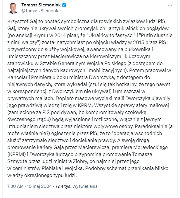Zrzut ekranu tweeta ministra Siemoniaka