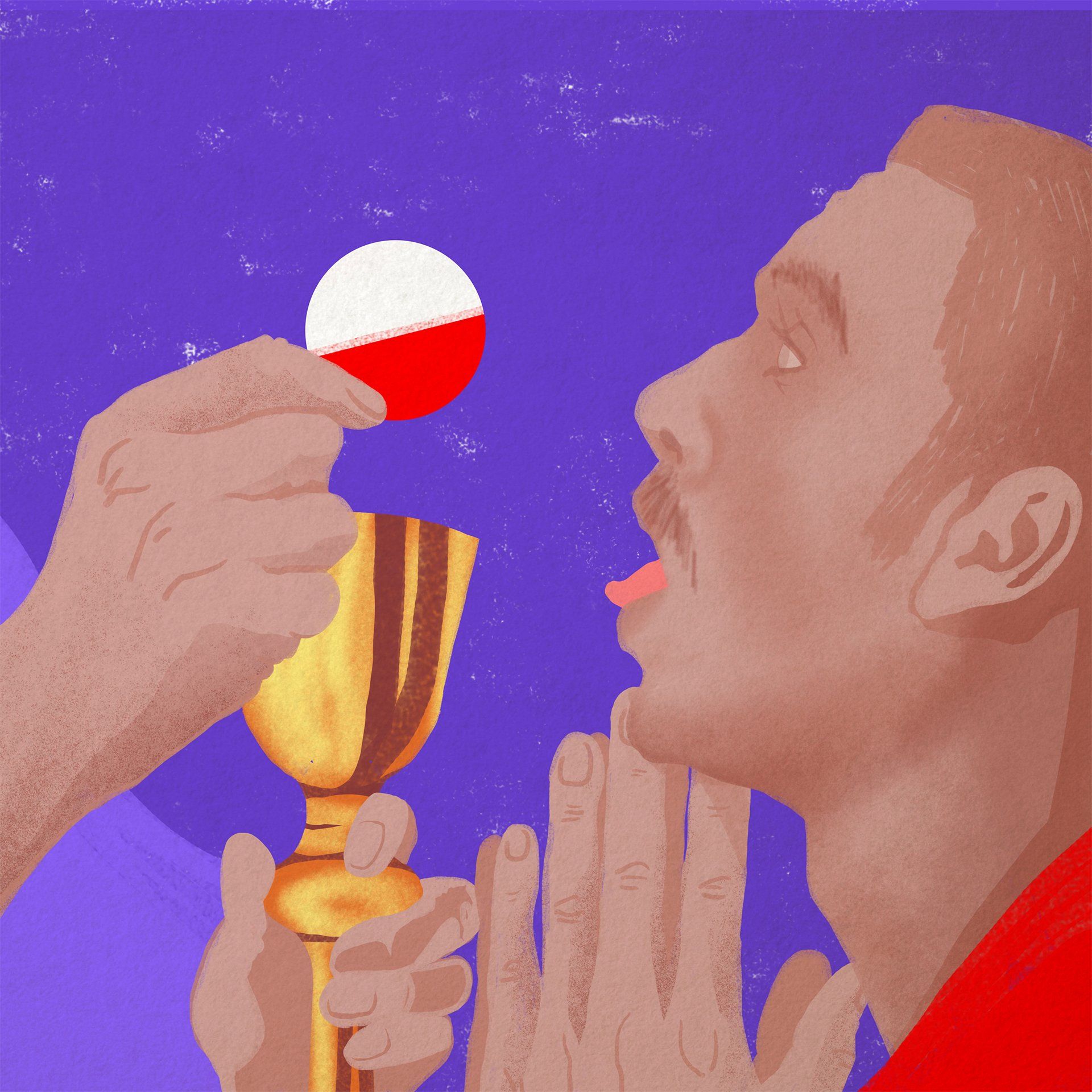 ilustracja przedstawia mężczyznę, który przyjmuje biało-czerwoną komunię