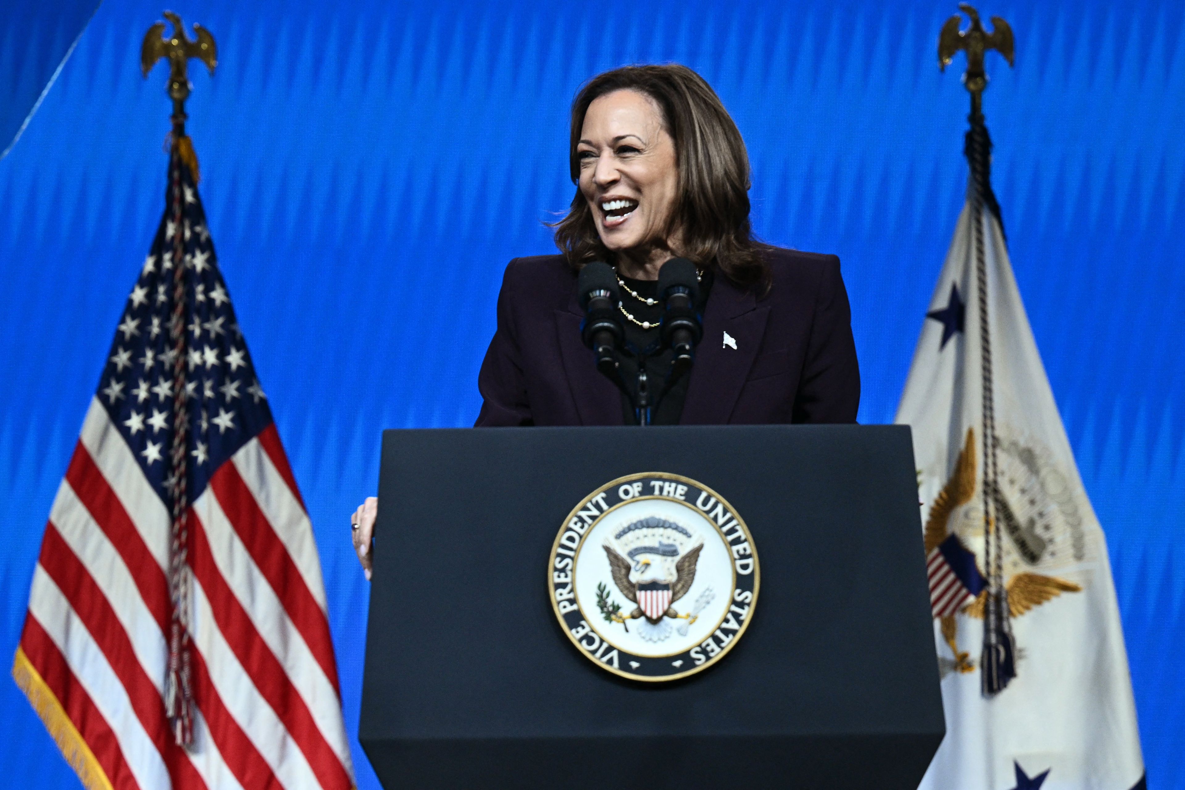 US Vice President Kamala Harris delivers the keynote speech at the American Federation of Teachers' 88th National Convention in Houston, Texas, on July 25, 2024. (Photo by Brendan SMIALOWSKI / AFP)