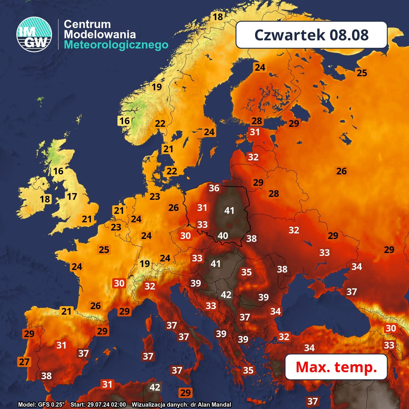mapa temperatury według gfs na 8 sierpnia