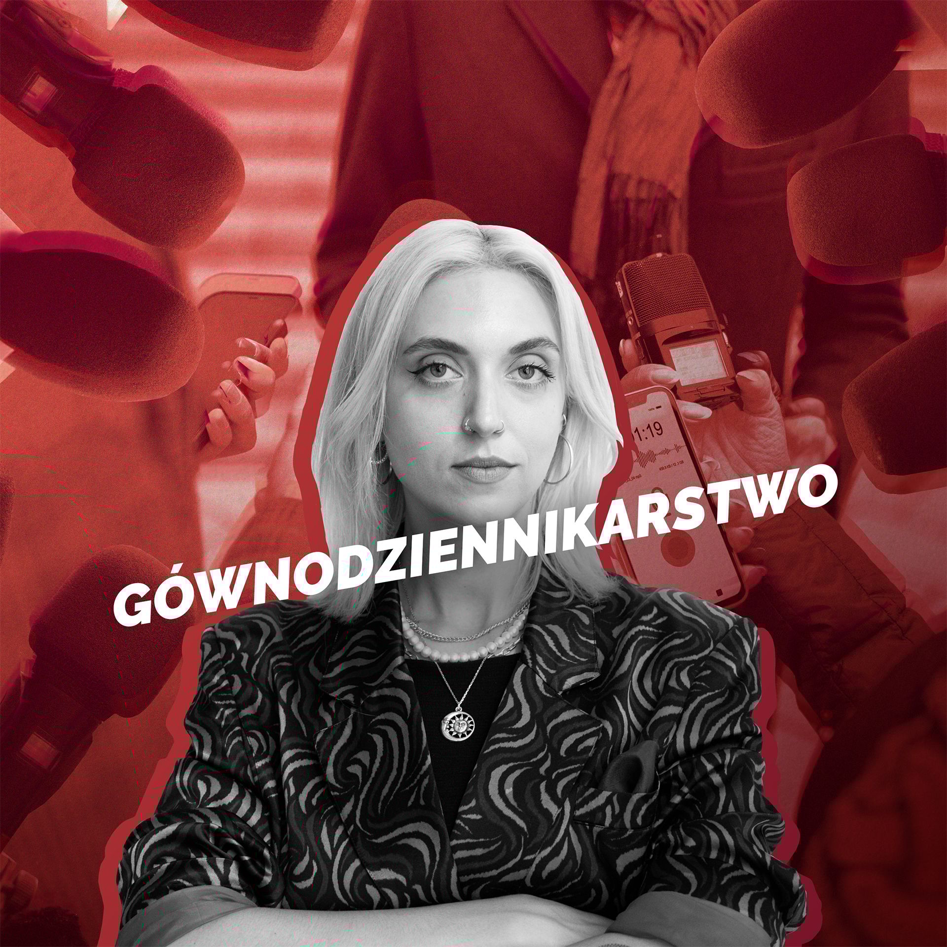 Ciemnoczerowna grafika z jasn a sylwetką kobiety i napisem "Gównodziennikarstwo"