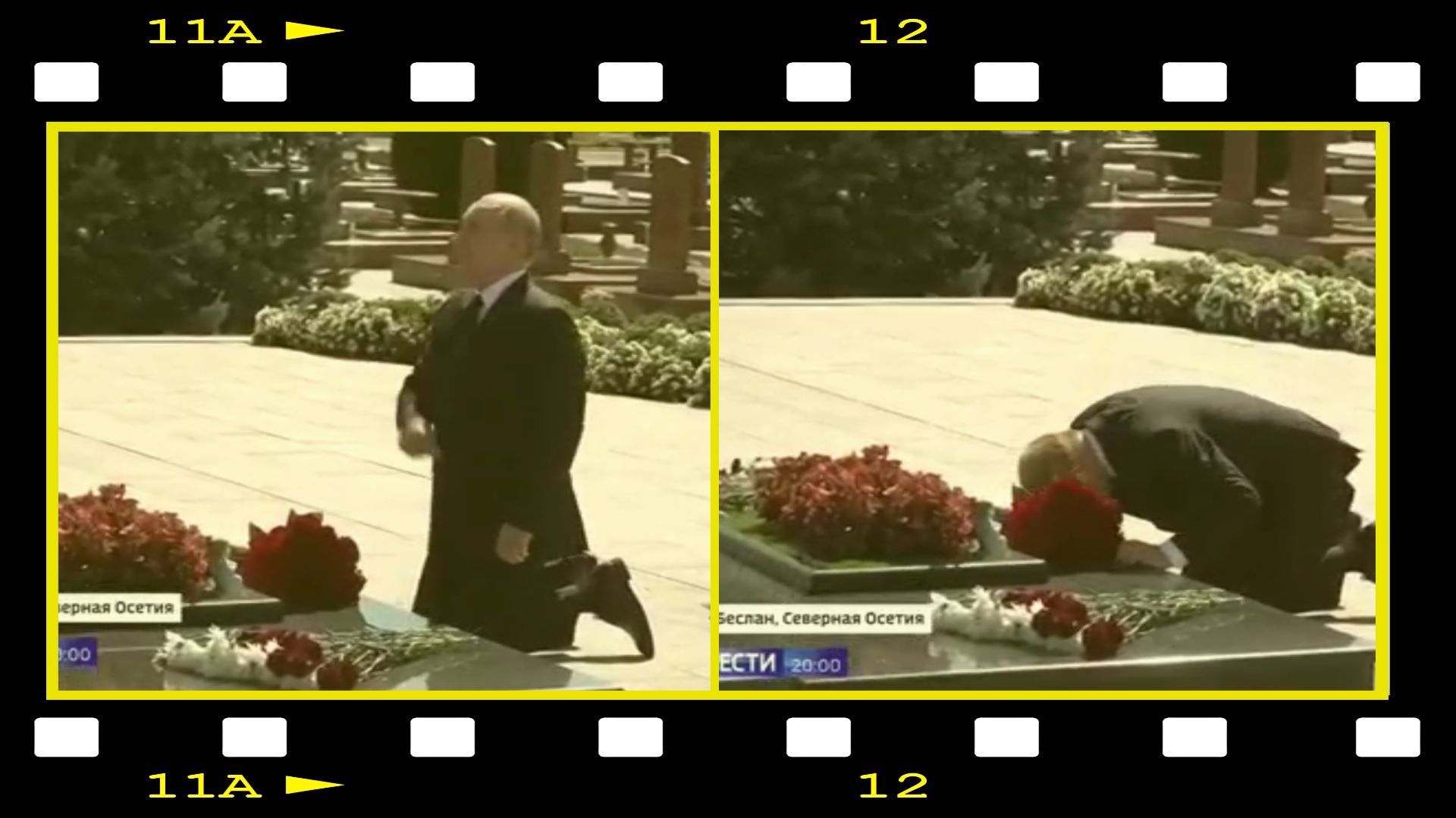 Sklejka dwóch zdjęć pokazująca Putina żegnającego się na kolanach i bijącego pokłony koło wieńca z czerwonych róż