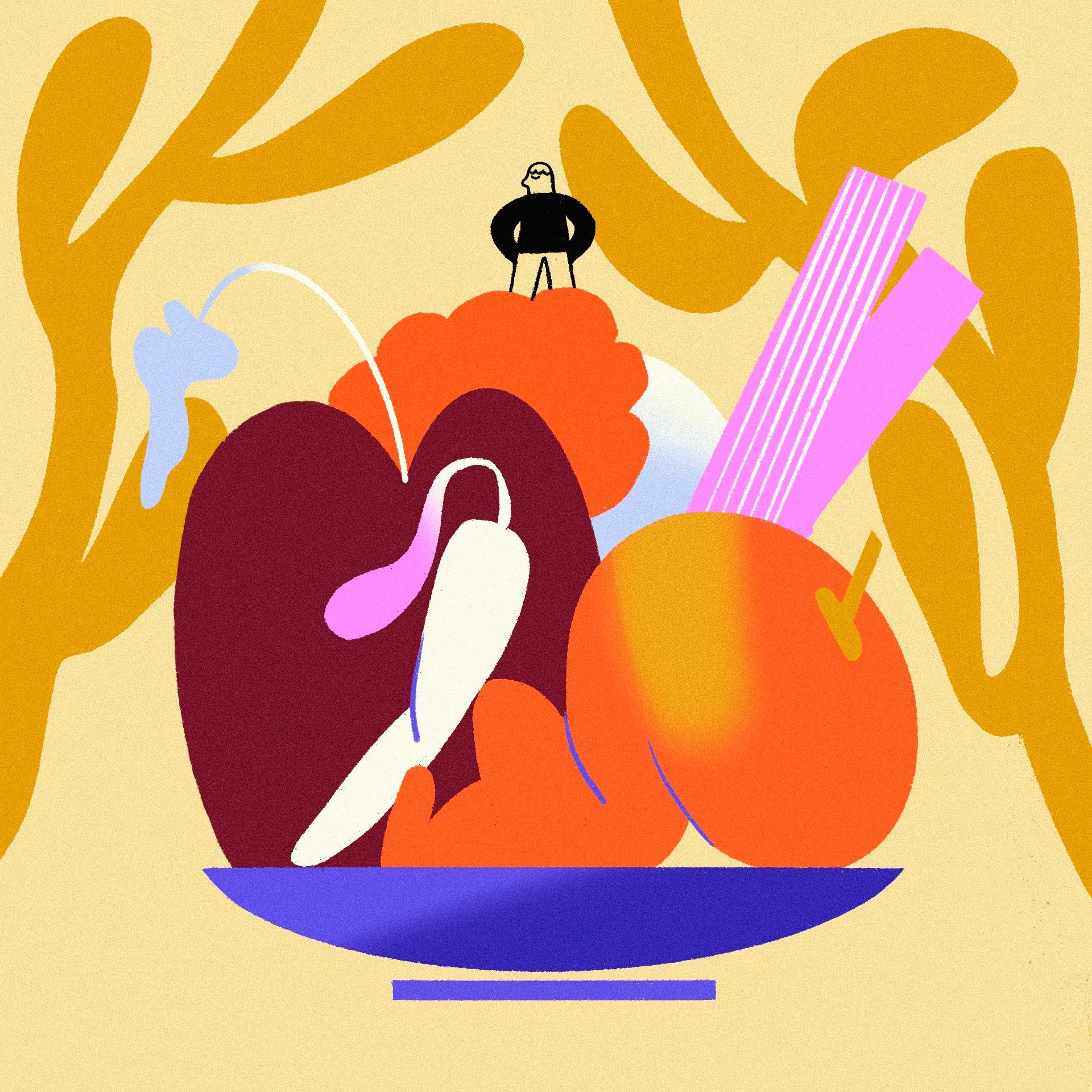 Rysunek przedstawia małego człowieczka na górze warzyw i owoców ułożonych na talerzu