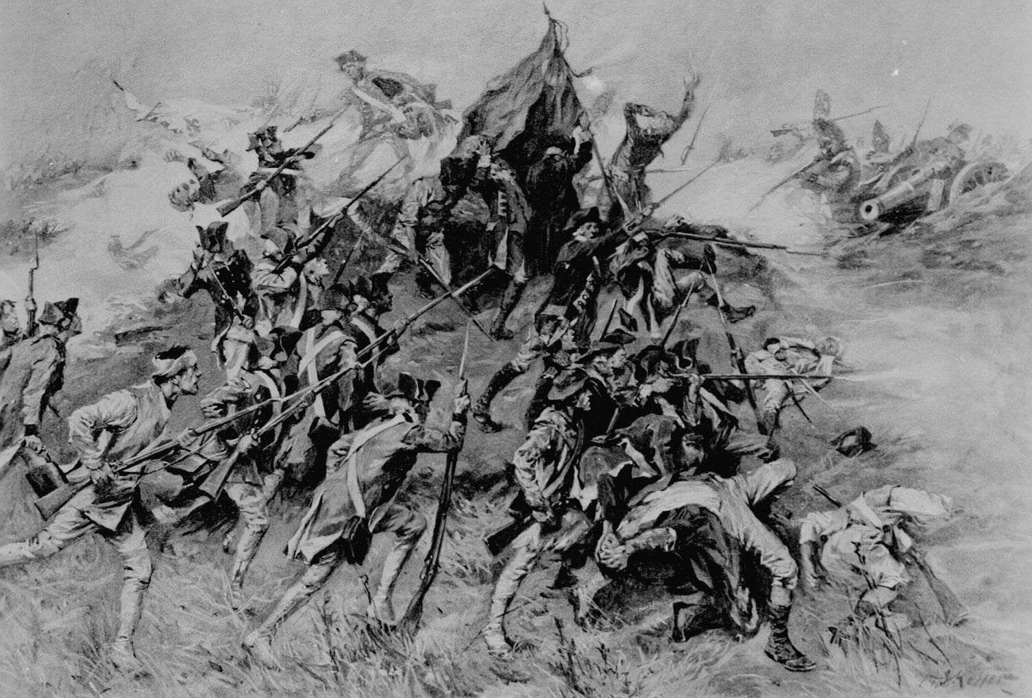 Rycina przedstawia XVIII-wiecznych piechurów idących do ataku na bagnety
