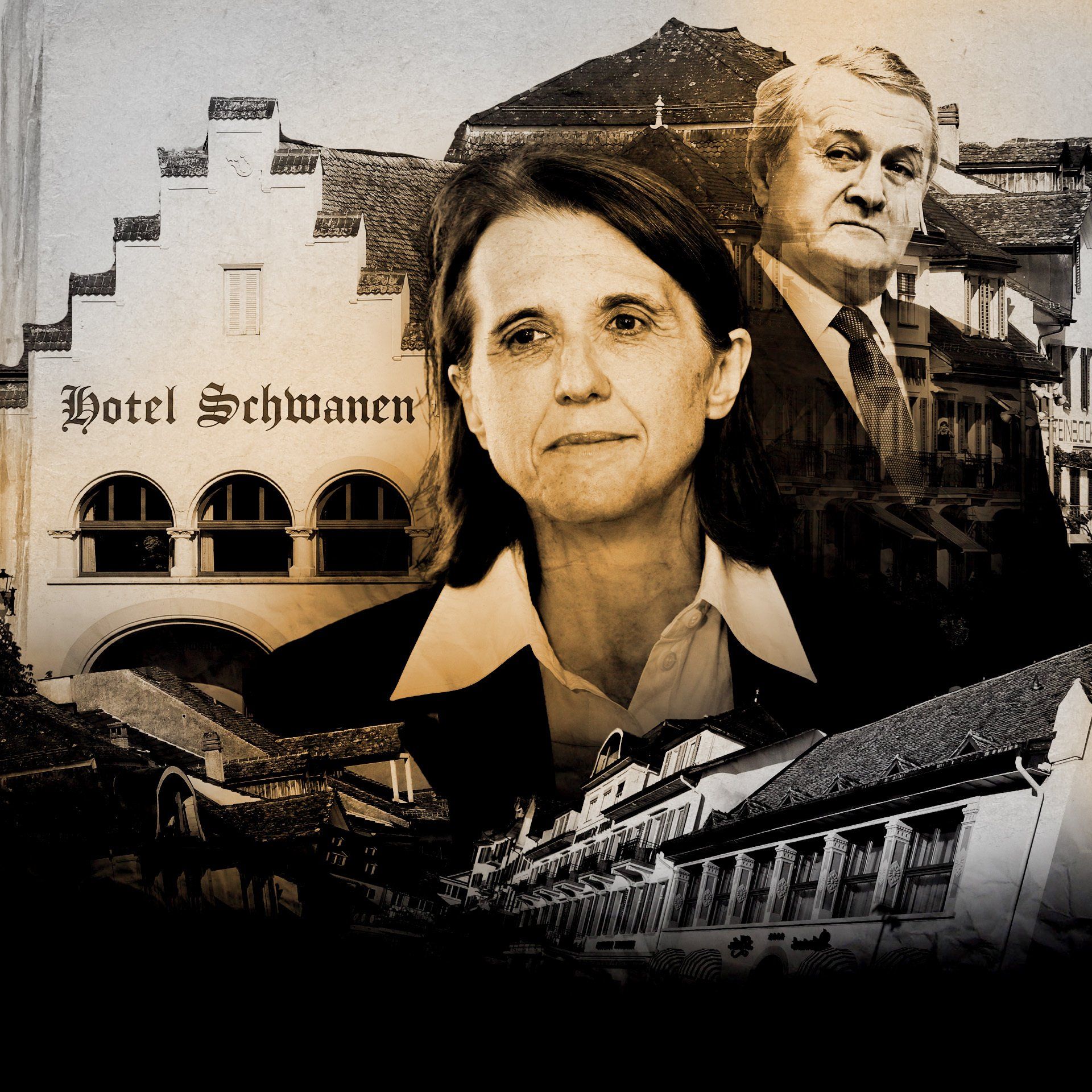 Ilustracja: Ministra Wróblewska i minister Gliński na tle hotelu Schwanen