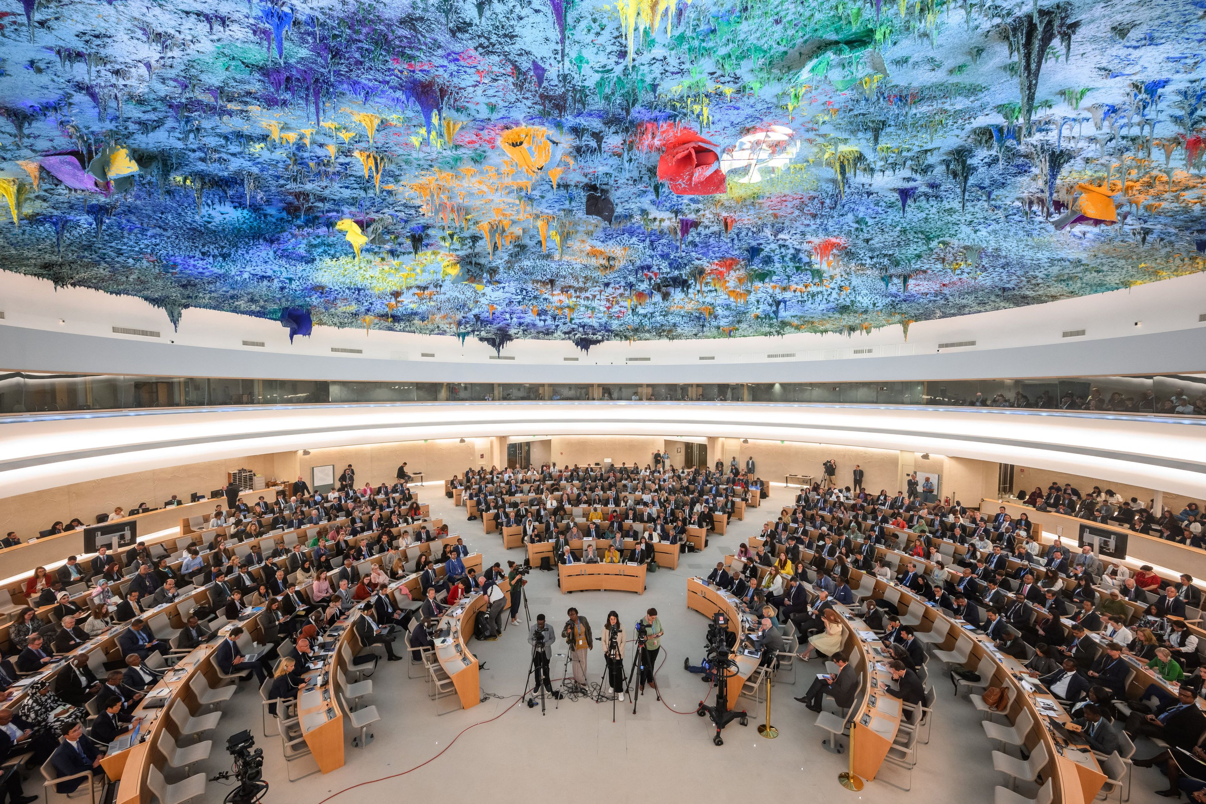 General view at the opening of the 57th session of the United Nations Human Rights Council in Geneva, on September 9, 2024. - United Nations High Commissioner for Human Rights warned that the world needs to change paths to avoid a future filled with military escalation, repression, disinformation, deepening inequality and rampant climate change. (Photo by Fabrice COFFRINI / AFP)
