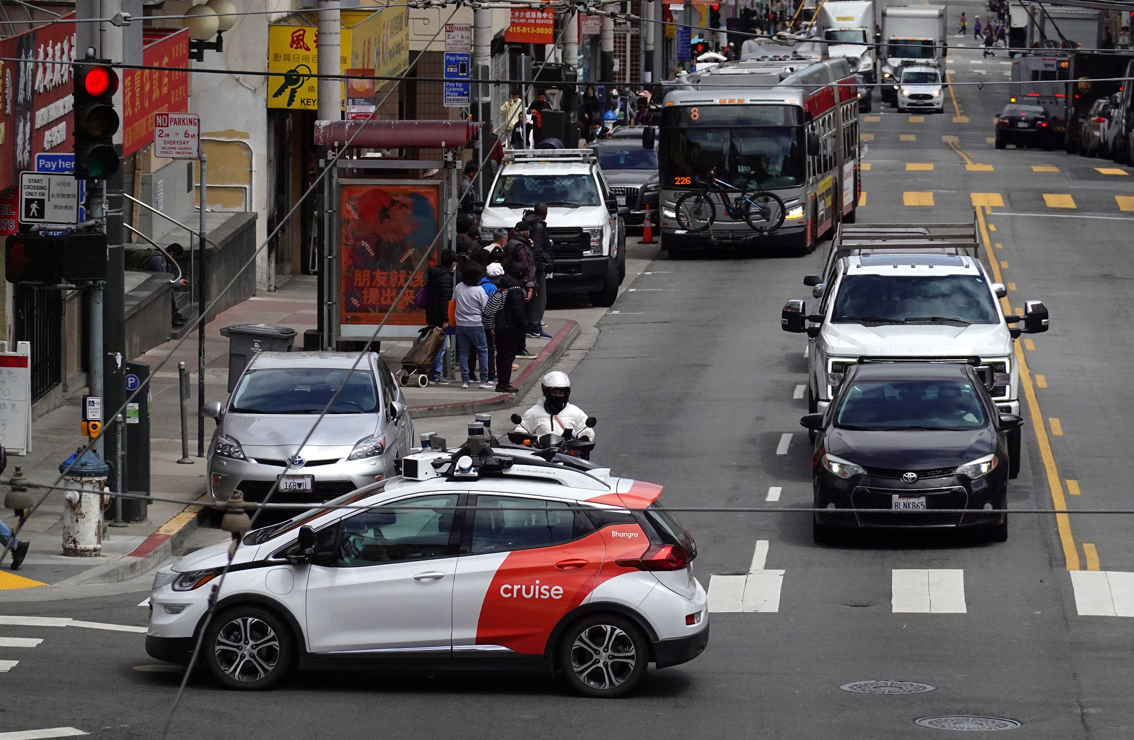 SAN FRANCISCO, CALIFORNIA - JUNE 08: A Chevrolet Cruise autonomous vehicle with a driver moves through an intersection on June 08, 2023 in San Francisco, California. Autonomous vehicle companies Cruise and Waymo have been testing their vehicles throughout San Francisco and residents are not happy with the problems that the cars are bringing to the city. The cars frequently stop in the middle of roads for no reason, have driven through police crime tape and most recently struck and killed a dog.   Justin Sullivan/Getty Images/AFP (Photo by JUSTIN SULLIVAN / GETTY IMAGES NORTH AMERICA / Getty Images via AFP)