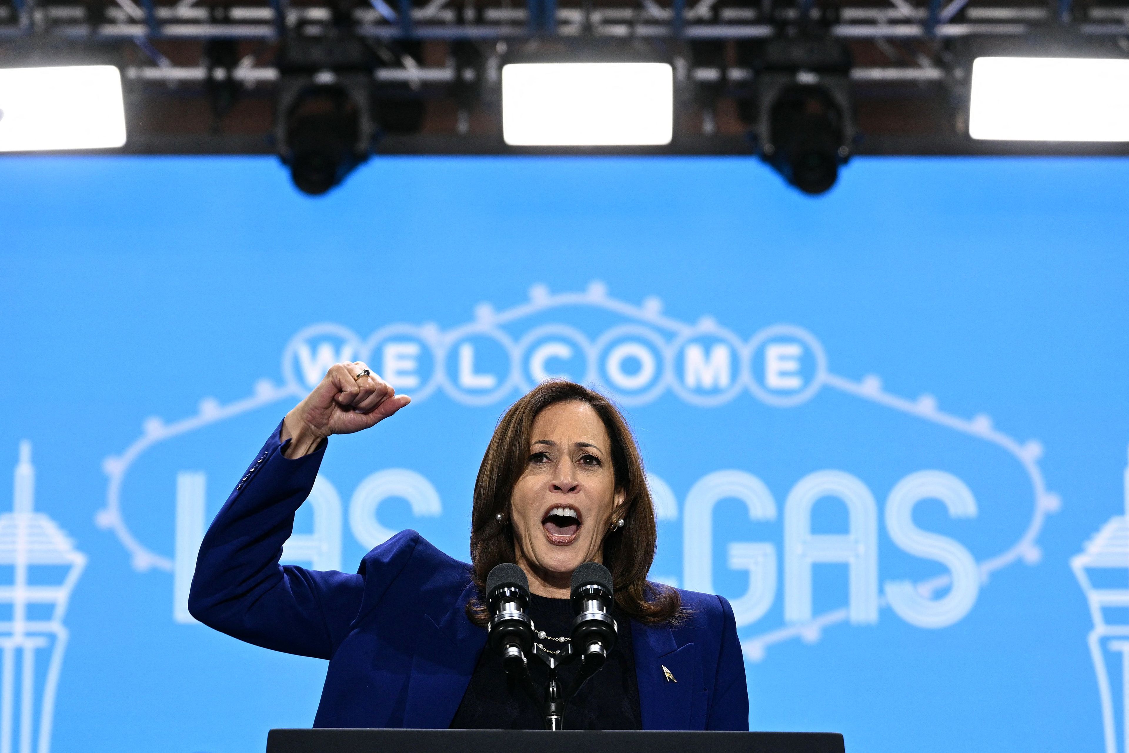 US Vice President and Democratic presidential candidate Kamala Harris speaks during a campaign rally at the Craig Ranch Amphitheater in Las Vegas, Nevada, on October 31, 2024. (Photo by Brendan SMIALOWSKI / AFP)