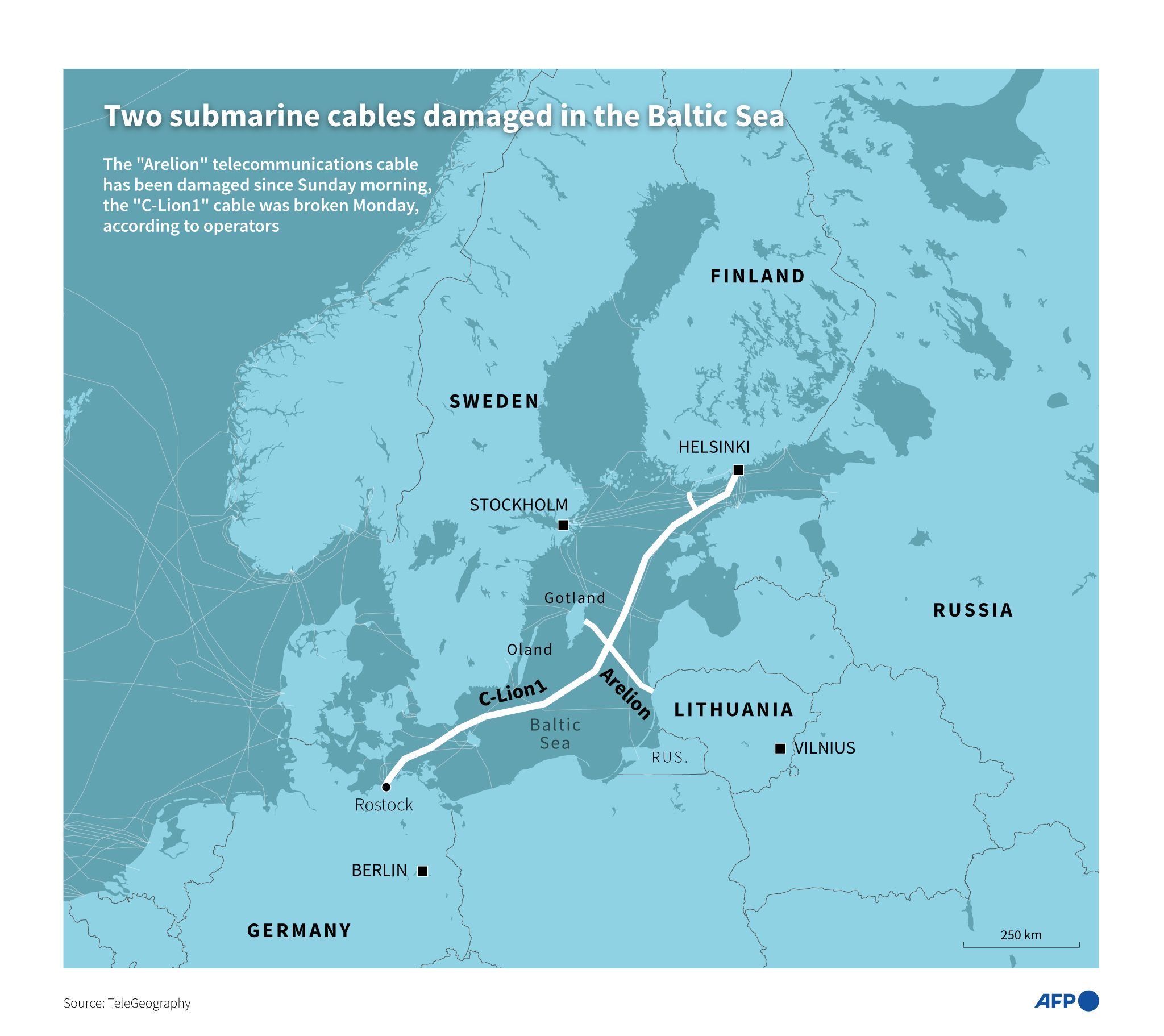 Map of the Baltic Sea and bordering countries showing the location of submarine telecommunications cables in the area including the "C-Lion1" and "Arelion" which have recently been damaged - AFP / AFP / CLEA PECULIER