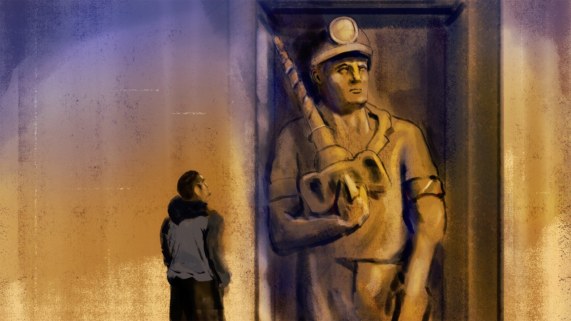 Ilustracja: na drugim planie socrealistyczny pomnik mężczyzny – górnika, na pierwszym planie męska postać patrząca na pomnik.