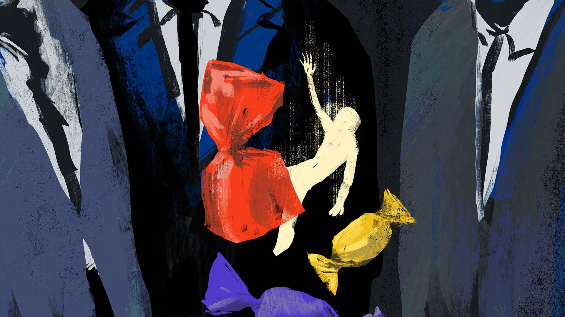 Ilustracja: sylwetka postaci spadającej i wyciągającej rękę w rozpaczliwym geście, dookoła niej cukierki w kolorych opakowaniach, w tle zarysy postaci w garniturach