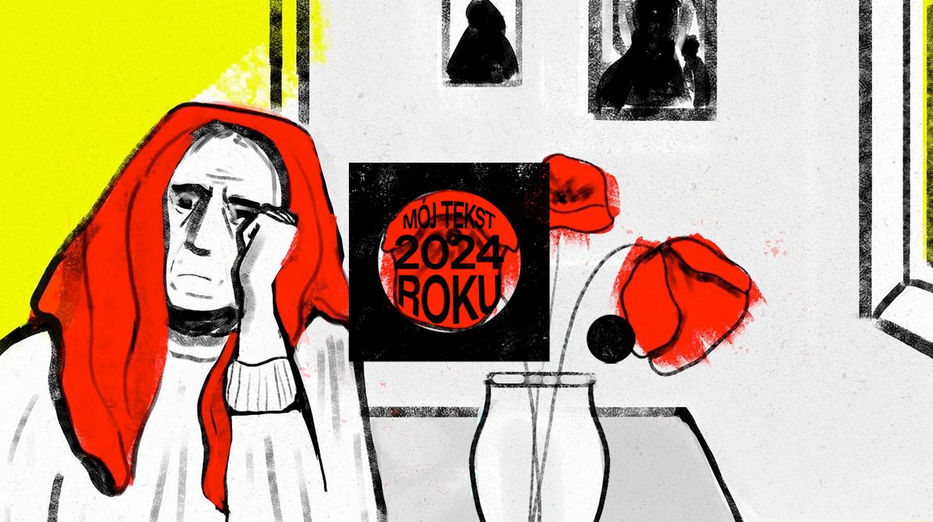 Rysunek przedstawia schemtycznie starszą osobe z czerwona chustką na głowie przystole, na którym są czerwone maki w wazonie