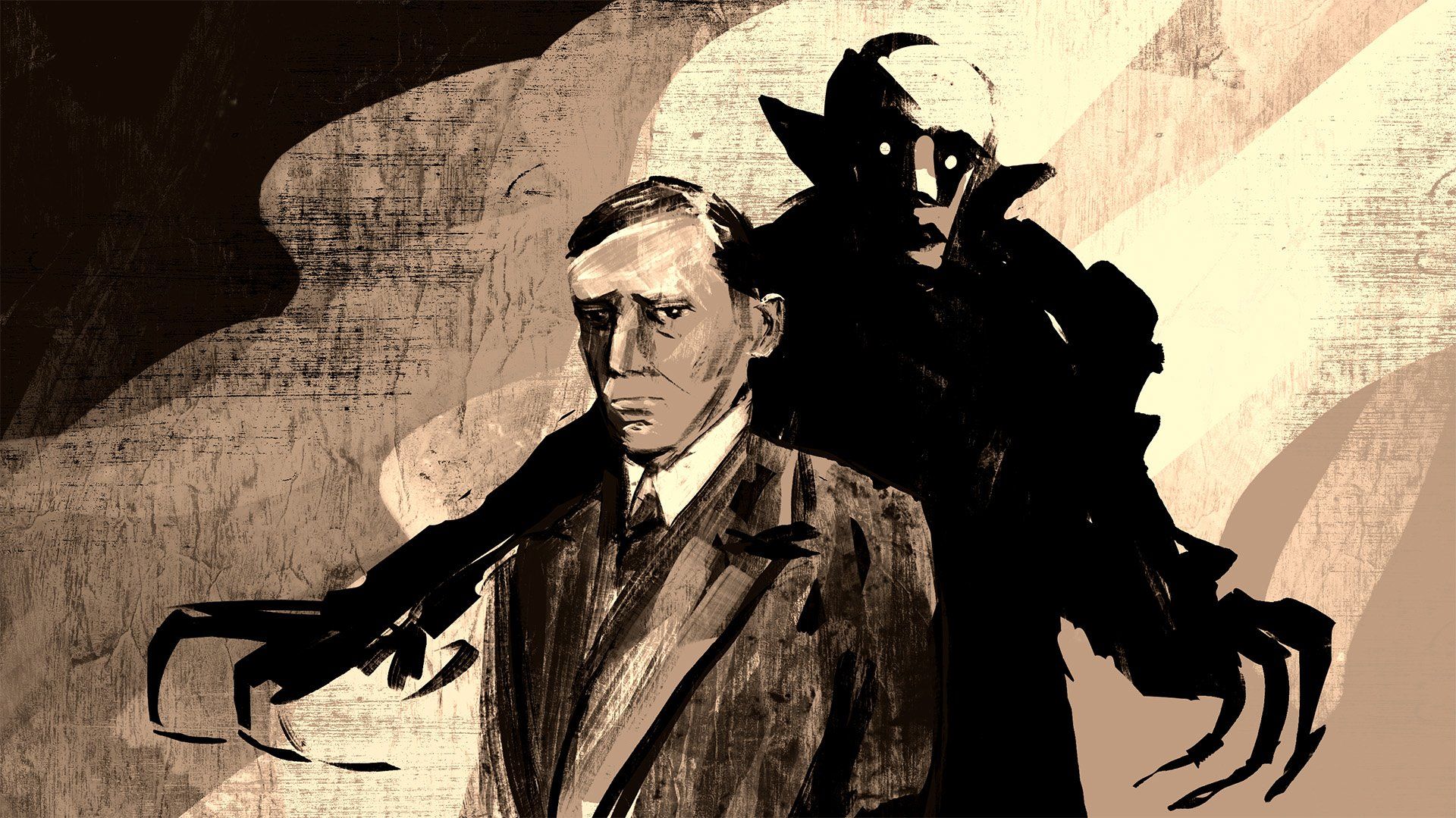Na ilustracji meżczyzna z ponura twarzą a za nim wielki człowiek wampir z palcami-szponami