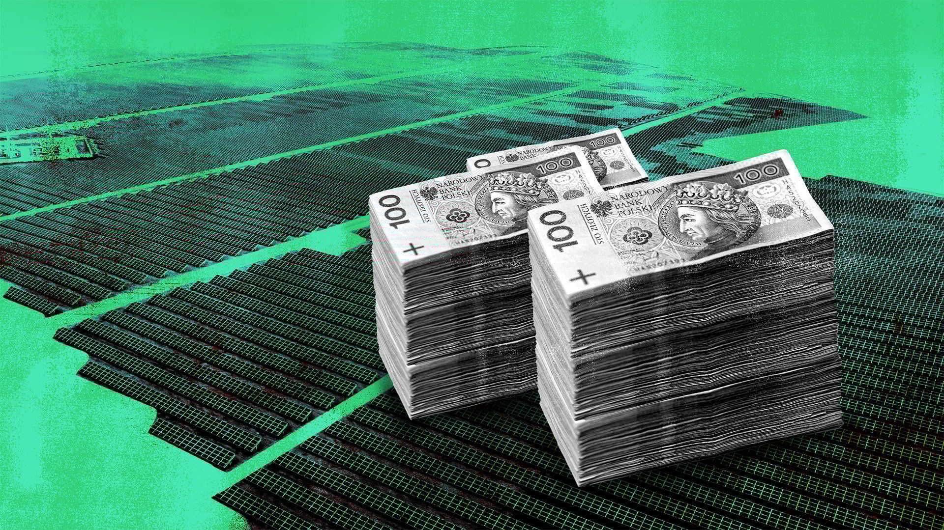 Kolaż – olbrzymia farma paneli fotowoltaicznych zajmująca wielki teren, na niej stosy banknotów.