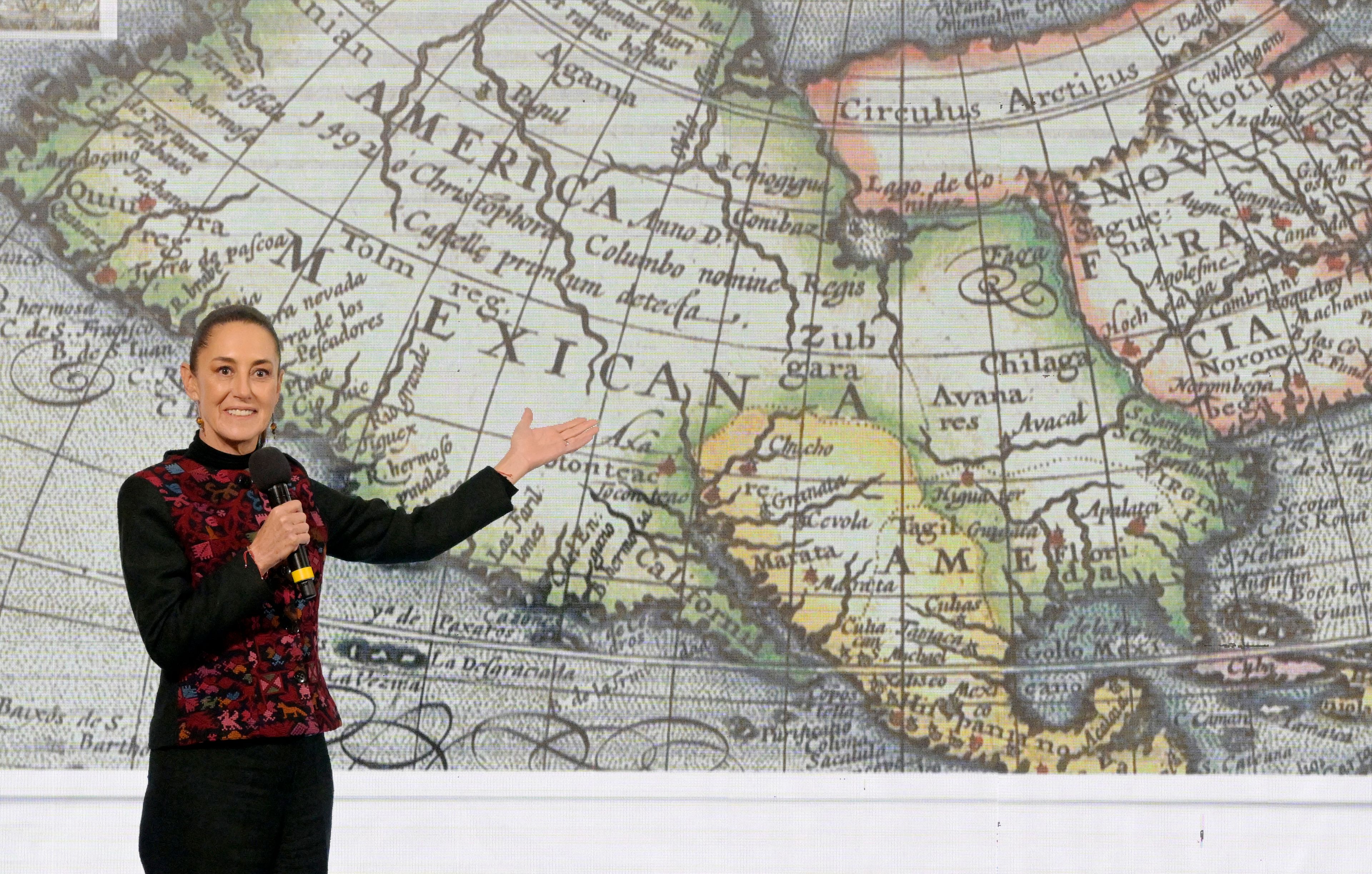 Mexico's President Claudia Sheinbaum speaks during her daily conference at the National Palace in Mexico City on January 8, 2025. - Sheinbaum stated that the country is governed by the people after US President-elect Donald Trump accused Mexico of being run by drug cartels. She also added that the United States should be called Mexican America, in response to Trump's proposal to rename the Gulf of Mexico the Gulf of America. (Photo by ALFREDO ESTRELLA / AFP)