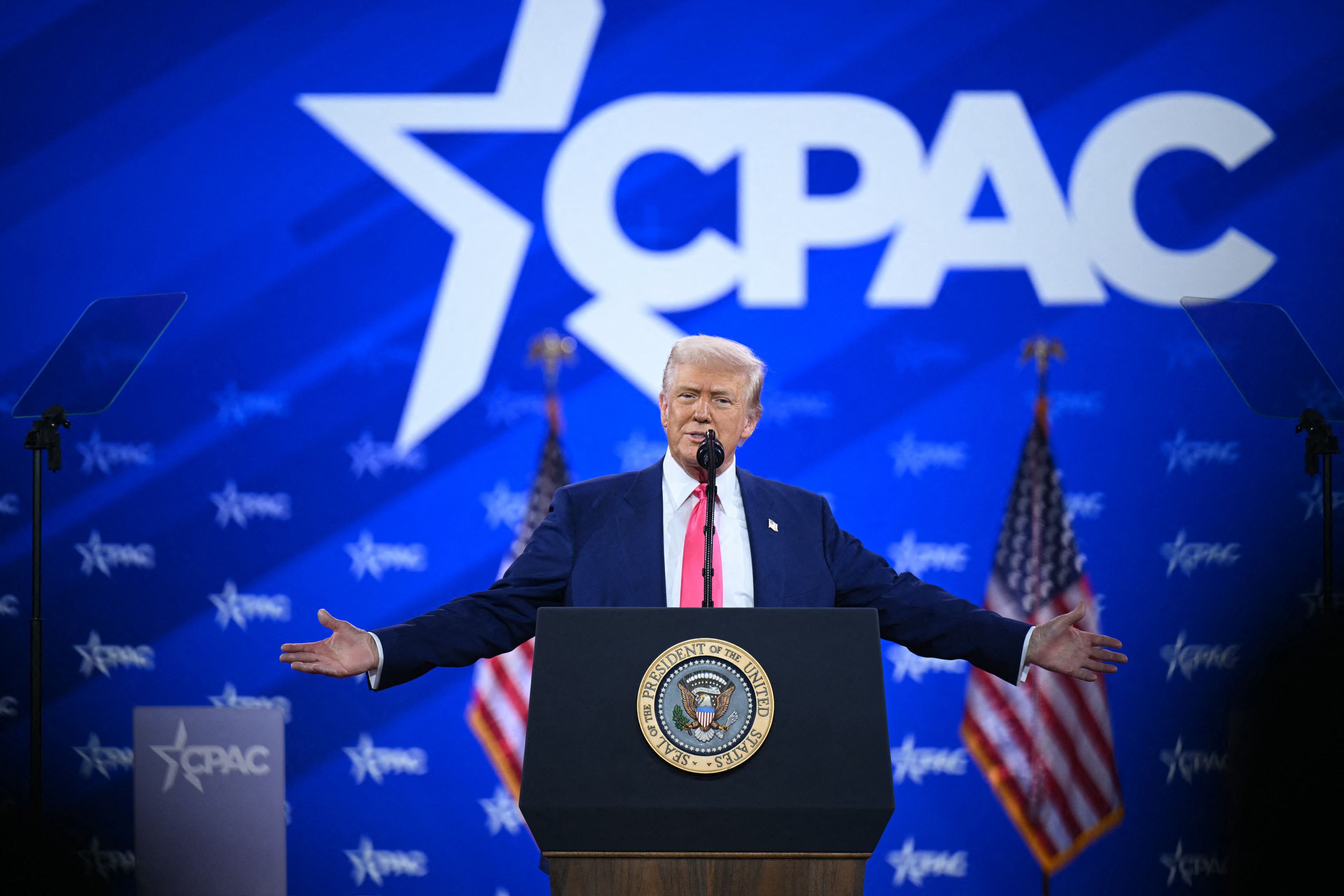 US President Donald Trump speaks at the annual Conservative Political Action Conference (CPAC) at the Gaylord National Resort &amp; Convention Center at National Harbor in Oxon Hill, Maryland, on February 22, 2025. (Photo by Alex WROBLEWSKI / AFP)