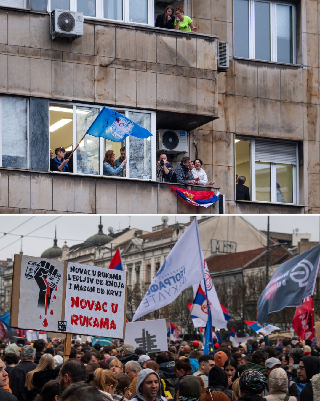 Tłum demonstruje, ludzie wyglądaja z okien