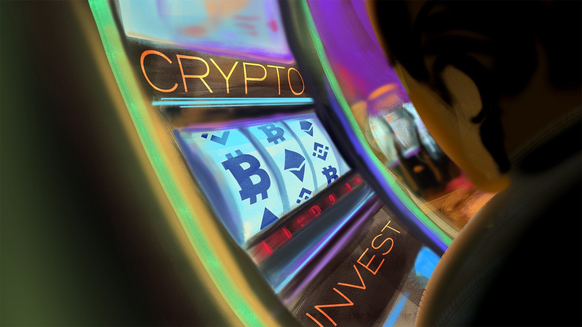 Ilustracja przedstawiająca automat do gry przypominający jednorękiego bandytę, w automacie widoczne różne logo kryptowalut.