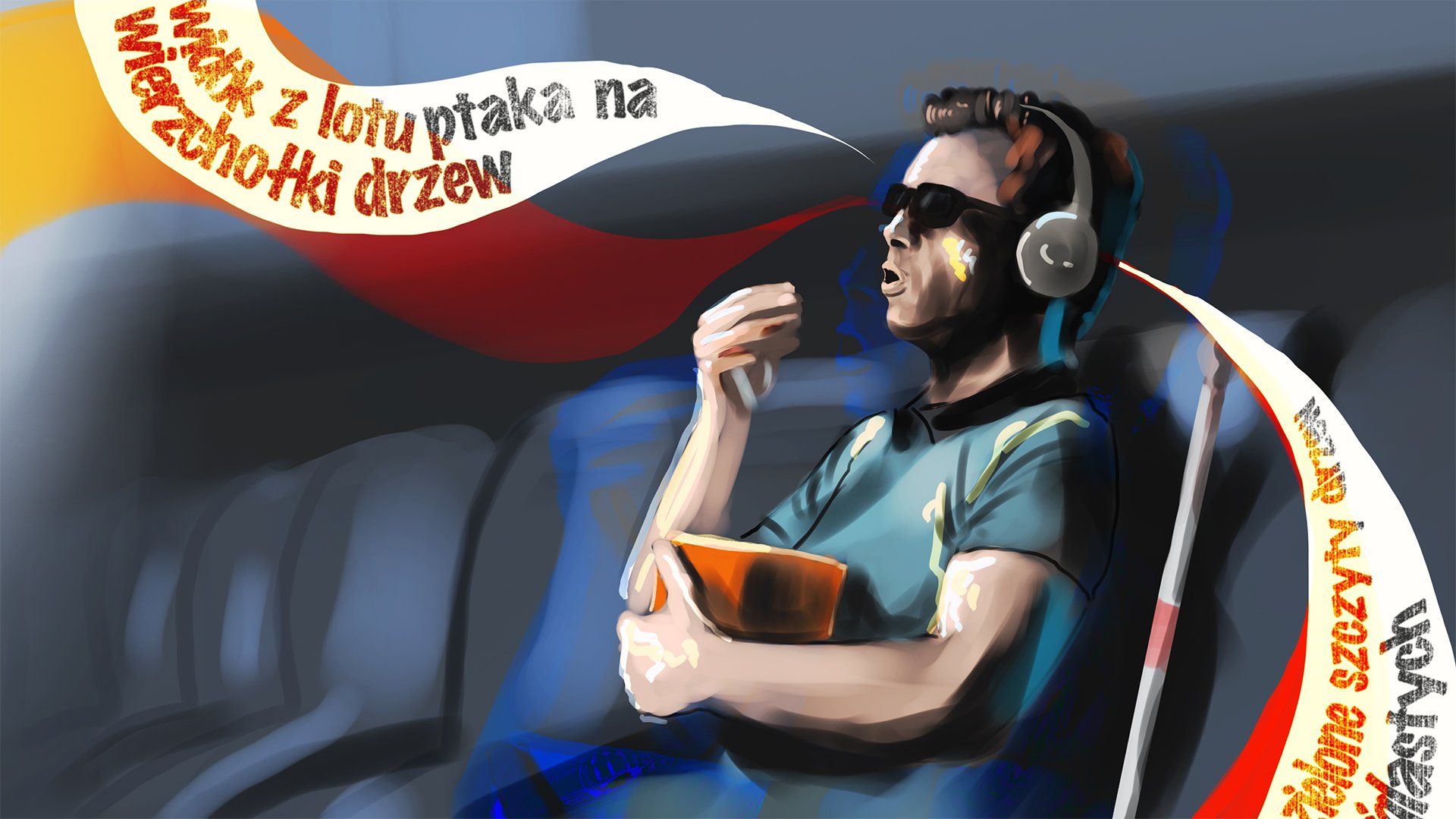 Ilustracja mężczyzny w ciemnych okularach, słuchawkach i popcornem w kinie, obok niego laska orientacyjna, do słuchawek wpadają strumienie z audiodeskrypcją