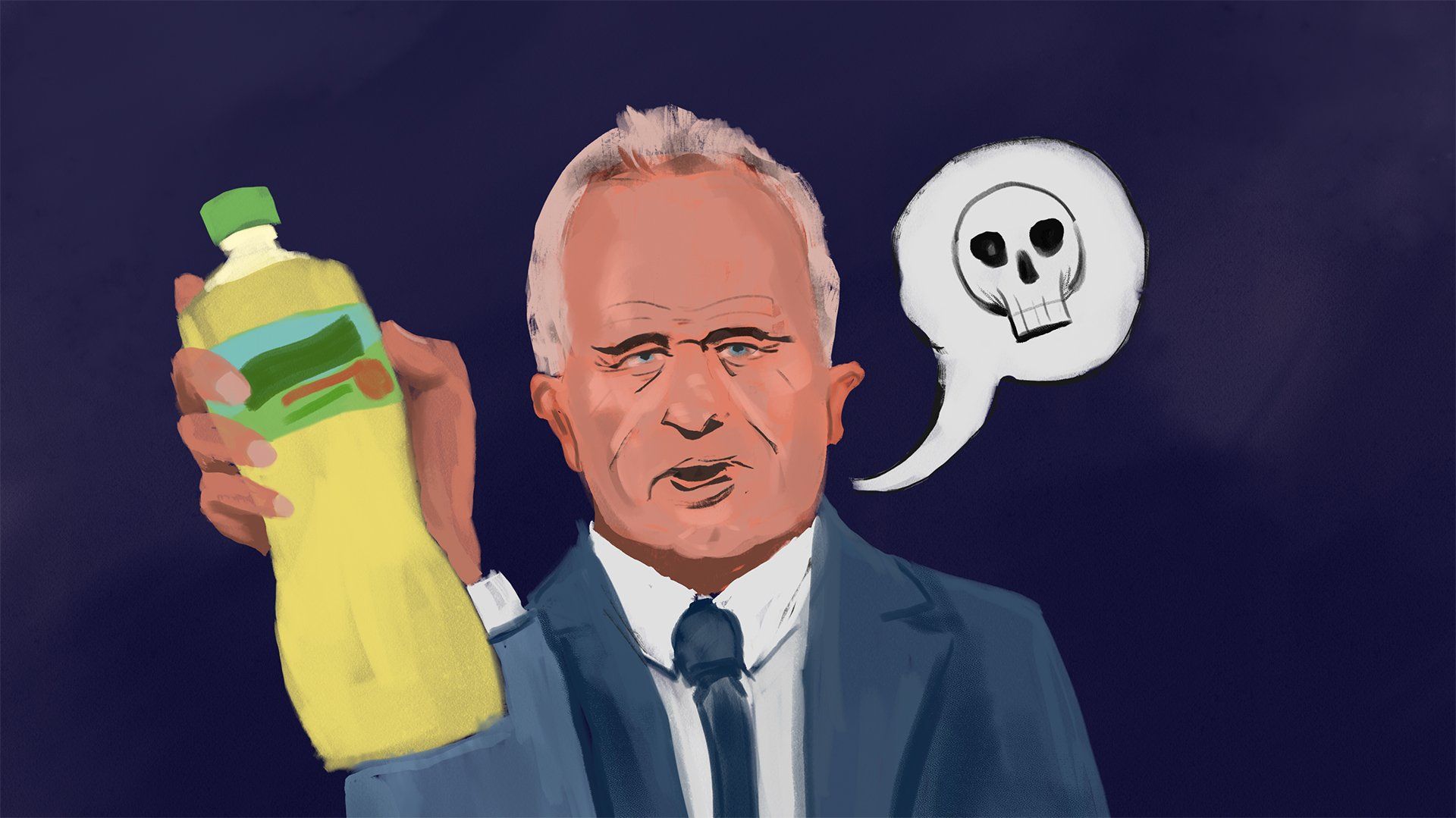 Ilustracja przedstawiająca Roberta F. Kennedy'ego Juniora trzymającego butelkę oleju roślinnego i z komiksowym dymkiem z trupią czaszką w środku