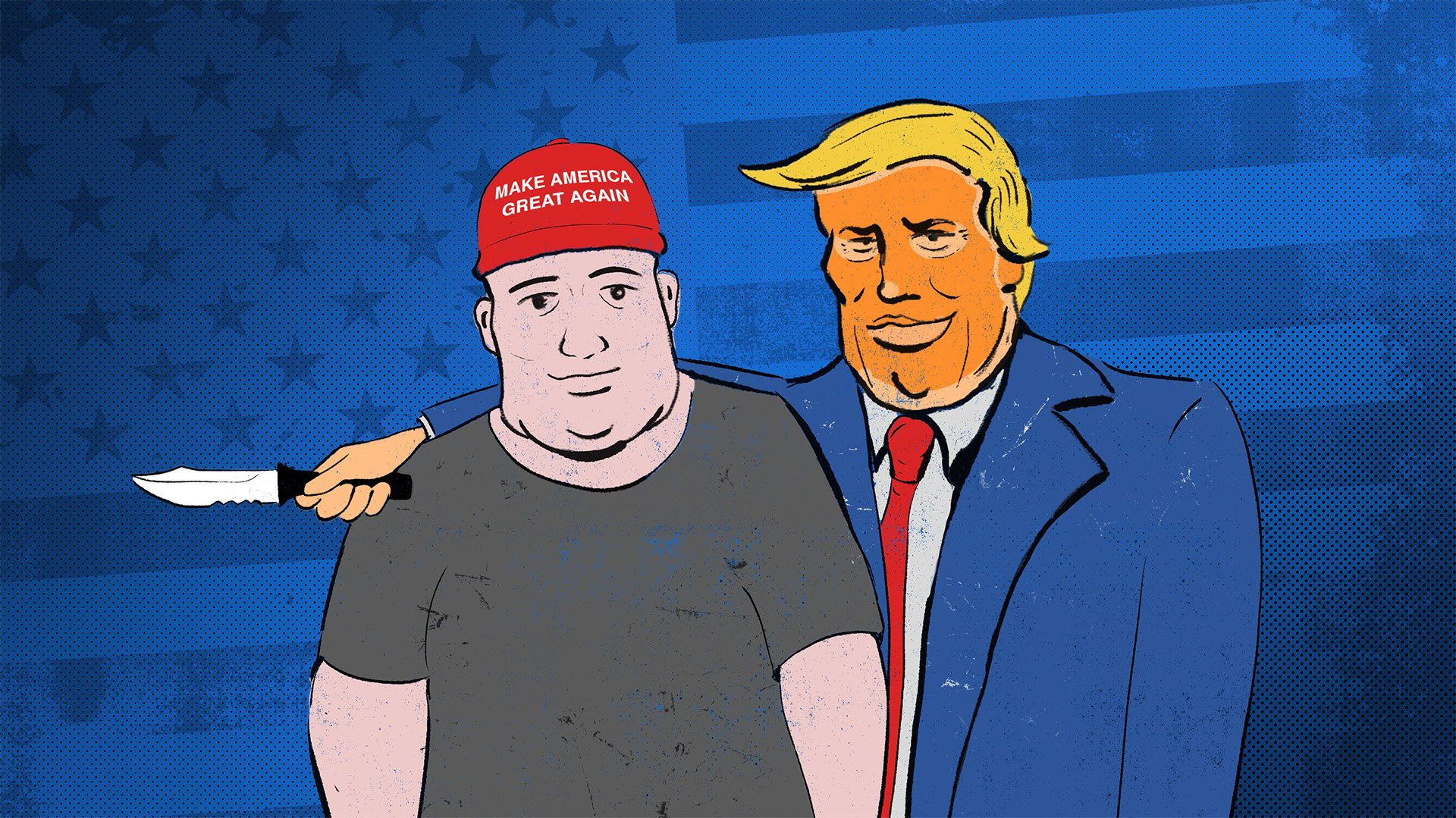 Ilustracja przedstawia Donalda Trumpa ze swoim wyborcą w czapce "Make America Great Again", Trump obejmuje go ramieniem, w ręku trzyma nóż