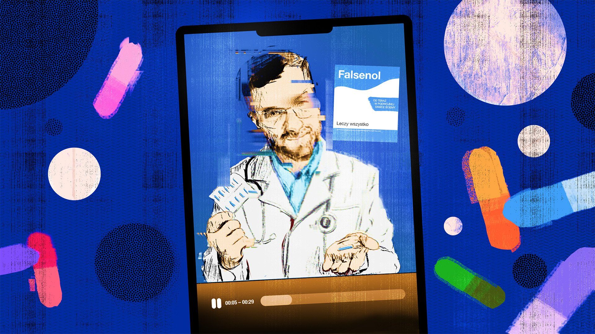 Ilustracja pokazująca smartfon z lekarzem na ekranie prezentującym, na ekranie widoczne zakłócenia, dookoła smartfona tabletki i pigułki