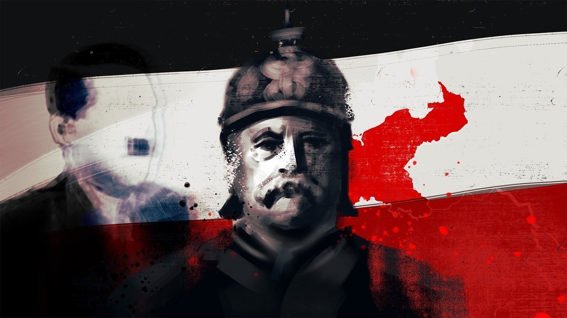 Namalowany cyfrowo portret Bismarcka w pikielhaubie, w tle rozmazana postać przypominająca Hitlera, mapa z konturem II Rzeszy oraz flaga Cesarstwa Niemieckiego