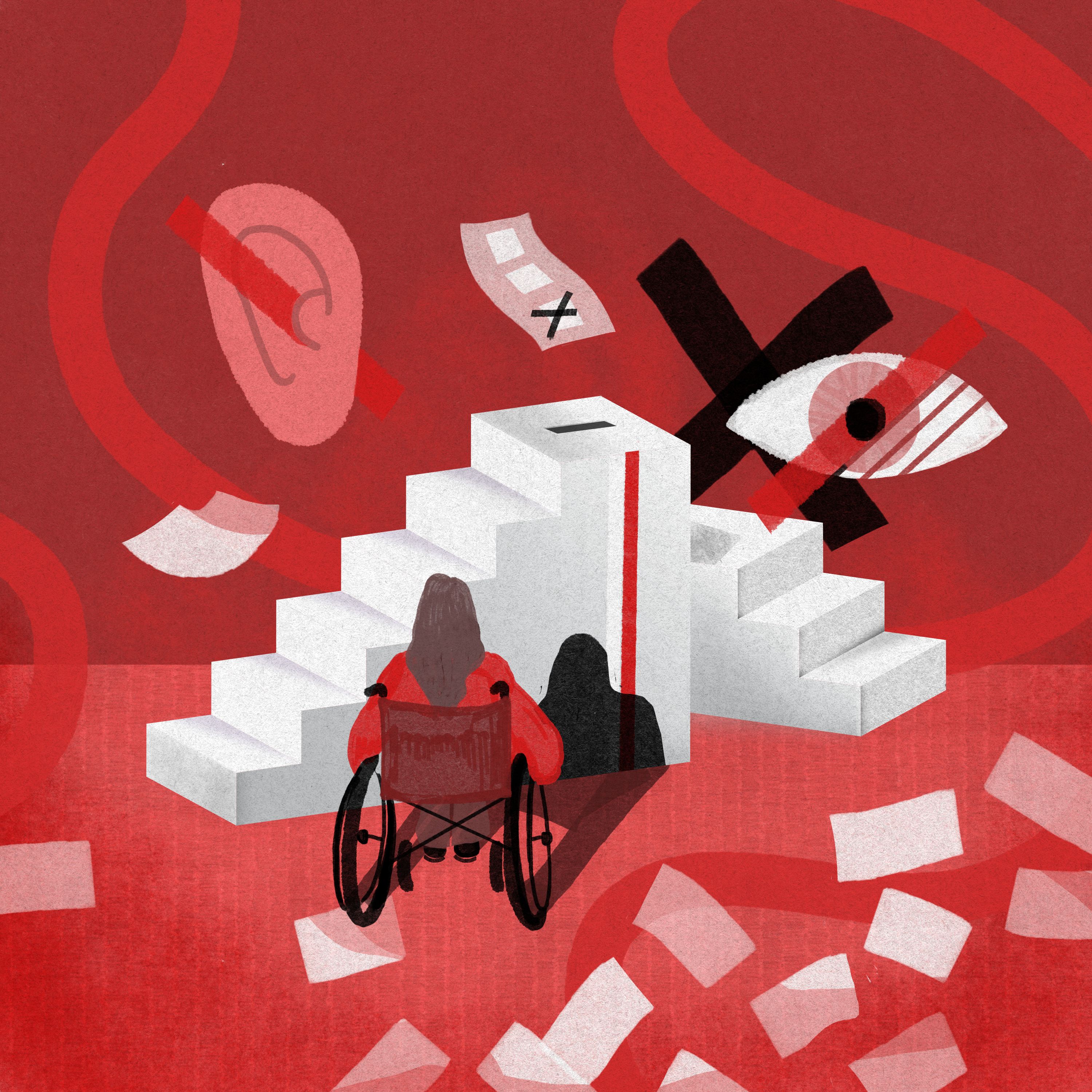 Biało-czerwona grafika: Dziewczyna siedząca na wózku przed urną wyborczą, która znajduje się na szczycie białych schodów. Na czerwonym tle wirują rozsypane karty wyborcze, a pomiędzy nimi widać symboliczne przekreślone ucho i oko, duży czarny X i czerwone serpentyny.
