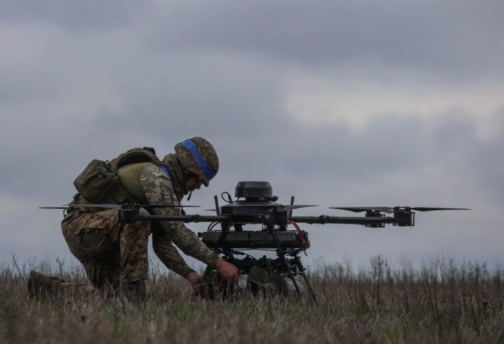 A Ukrainian serviceman of the 25th Airborne Brigade prepares a Vampire, a heavy unmanned aerial vehicle, for flight near a front line, amid Russia's attack on Ukraine, in Donetsk region, Ukraine April 5, 2025. REUTERS/Oleksandr Ratushniak