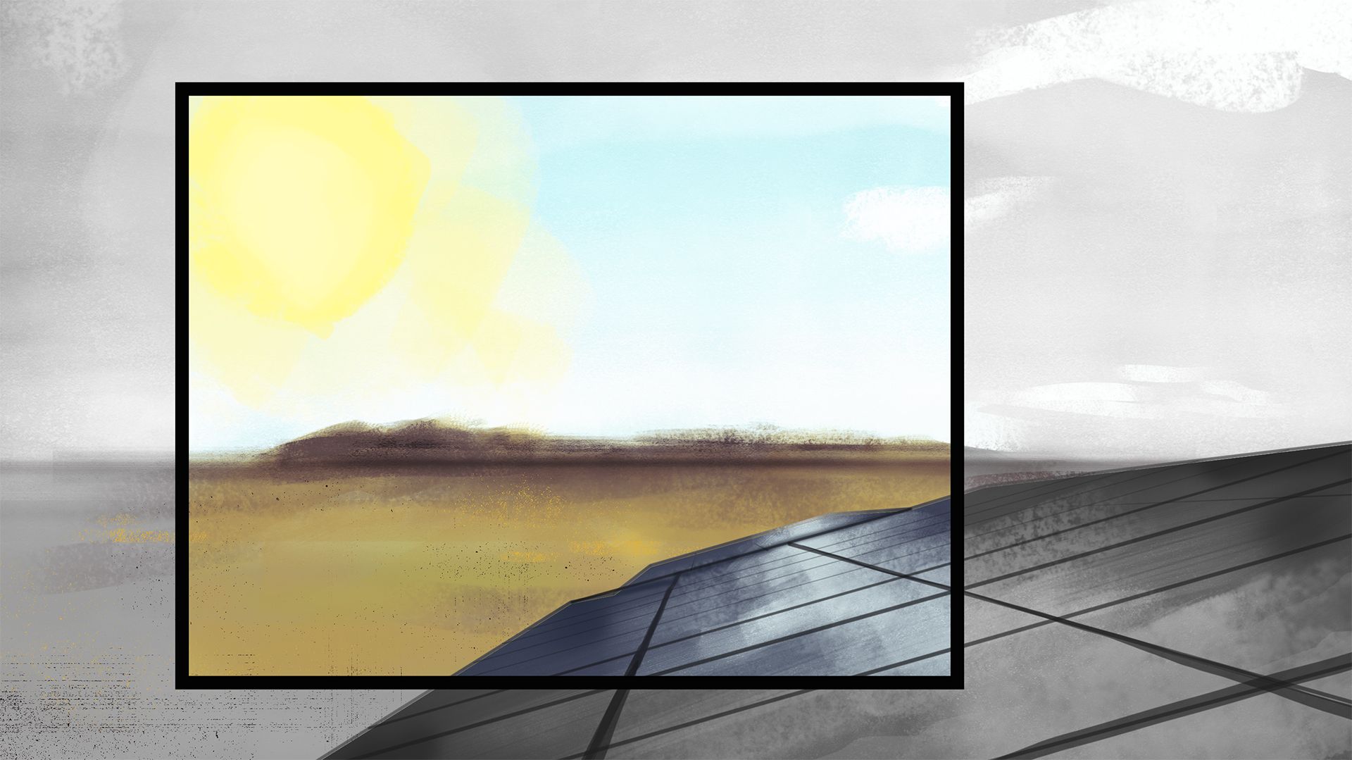 Ilustracja przedstawiająca wielkie słońce nad pustynią z panelami słonecznymi