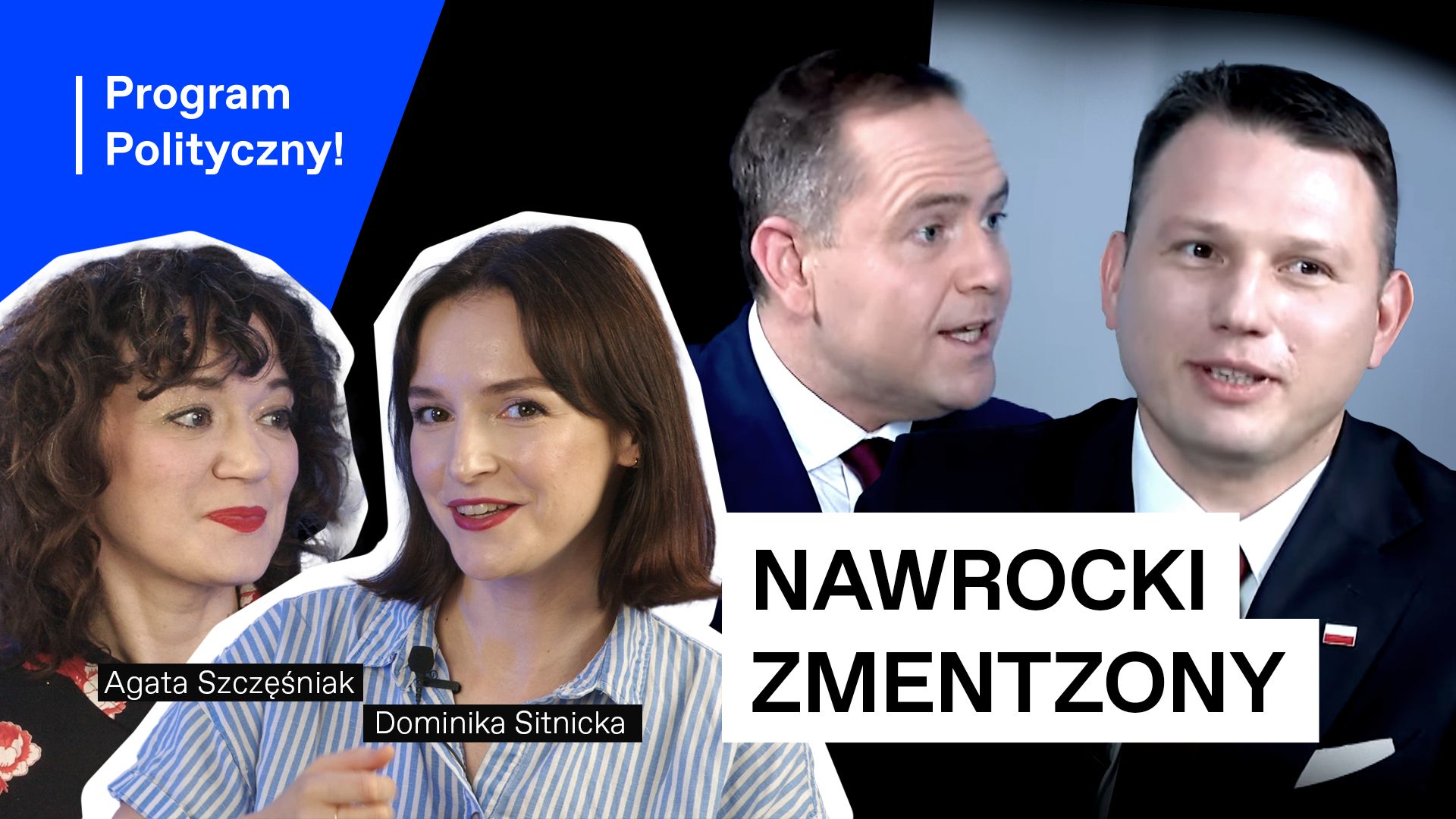 Od lewej: Agata Szczęśniak, Dominika Sitnicka, Karol Nawrocki, Sławomir Mentzen. Napis: Nawrocki Zmentzony, il. Mateusz Mirys / OKO.press / Agencja Gazeta