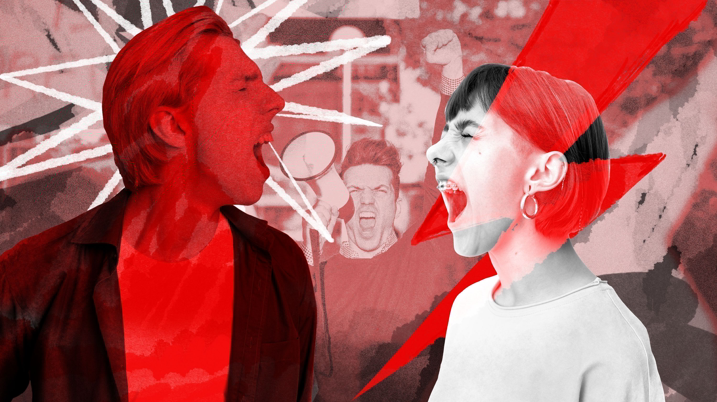 Kolaż przedstawiający czarno-biało-czerwone zdjęcia krzyczących postaci - kobiety i mężczyny. W tle czerwona błyskawica i scena z demonstracji, z mężczyzną z megafonem w centrum.