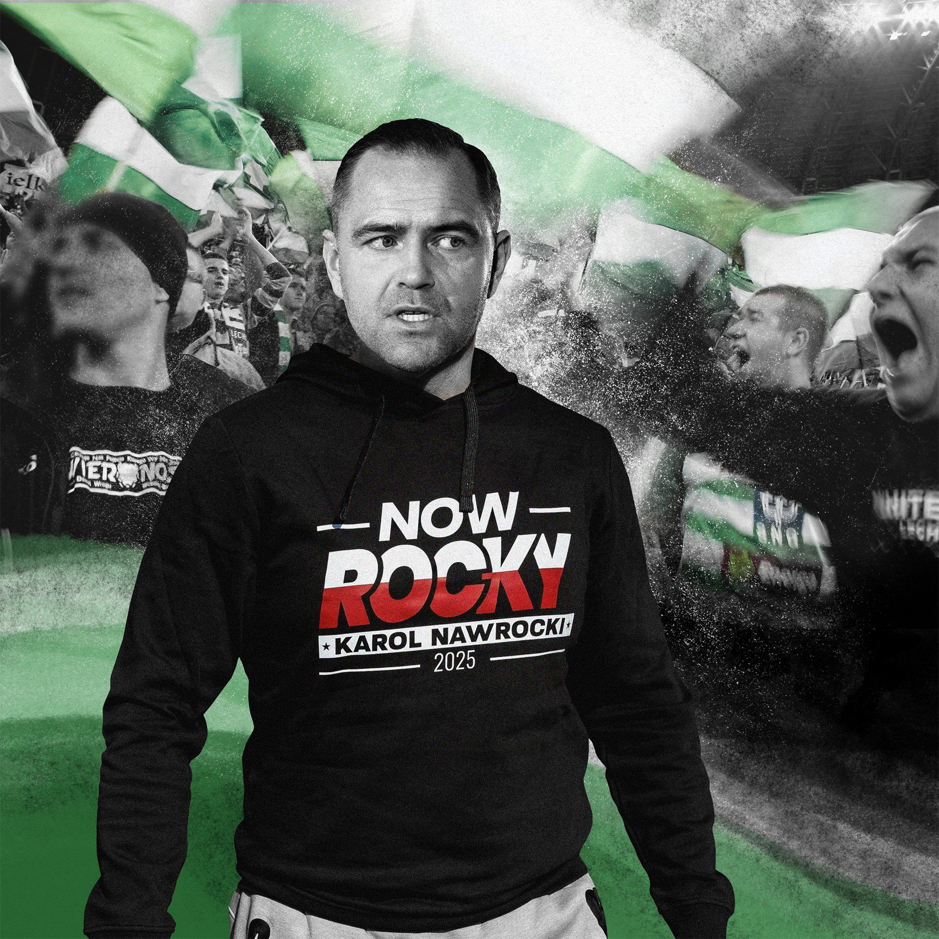Ilustracja przedstawiająca Karola Nawrockiego w sportowej bluzie z logo kampanii wyborczej "Now Rocky". W tle krzyczący kibice Lechii Gdańsk i barwy klubu – biały i zielony.
