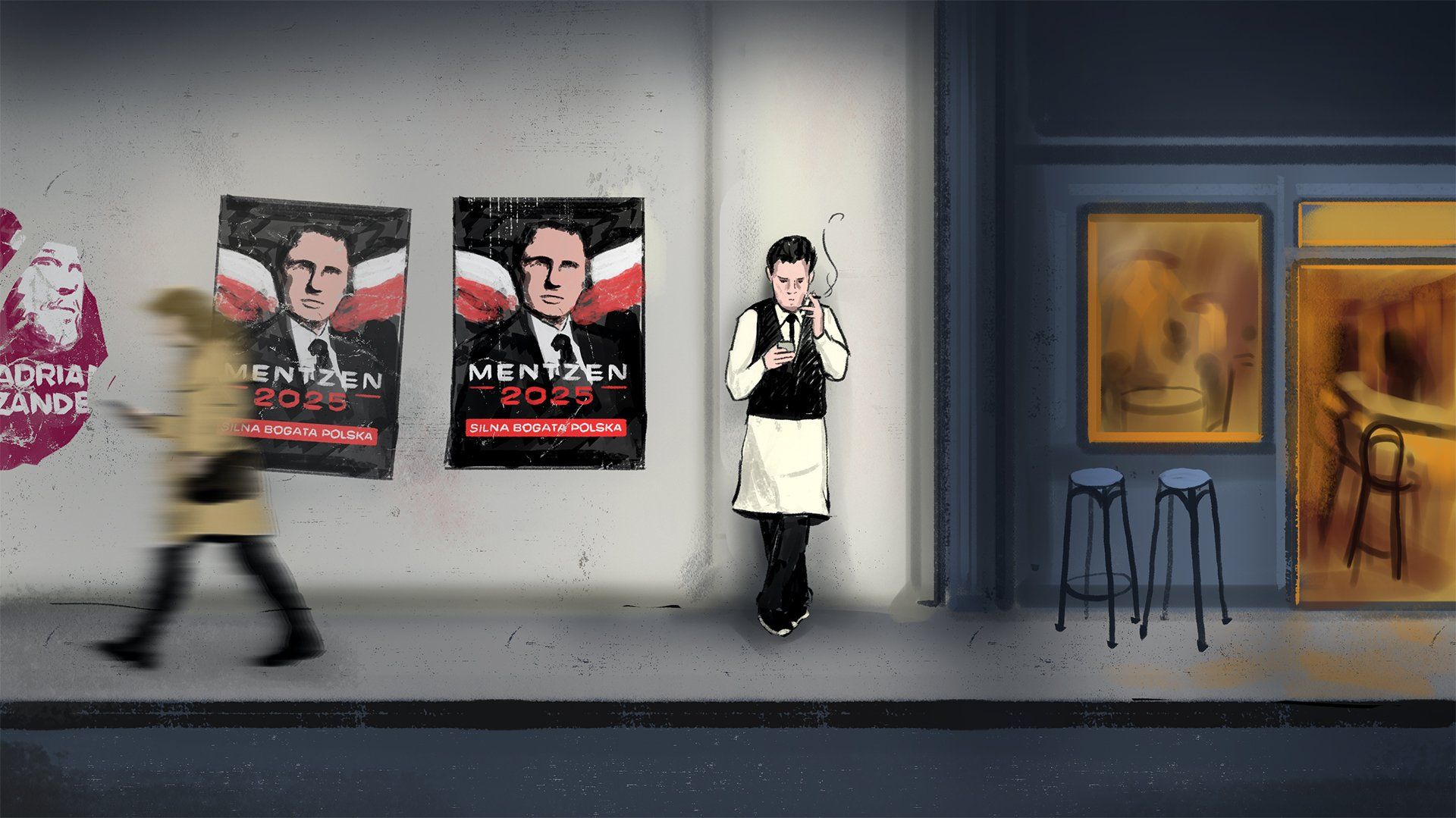 Ilustracja – ulica z barem, przy którym na przerwie na papierosa stoi kelner. Patrzy się w telefon. Obok niego plakaty Mentzena oraz jeden zerwany plakat Adriana Zandberga.