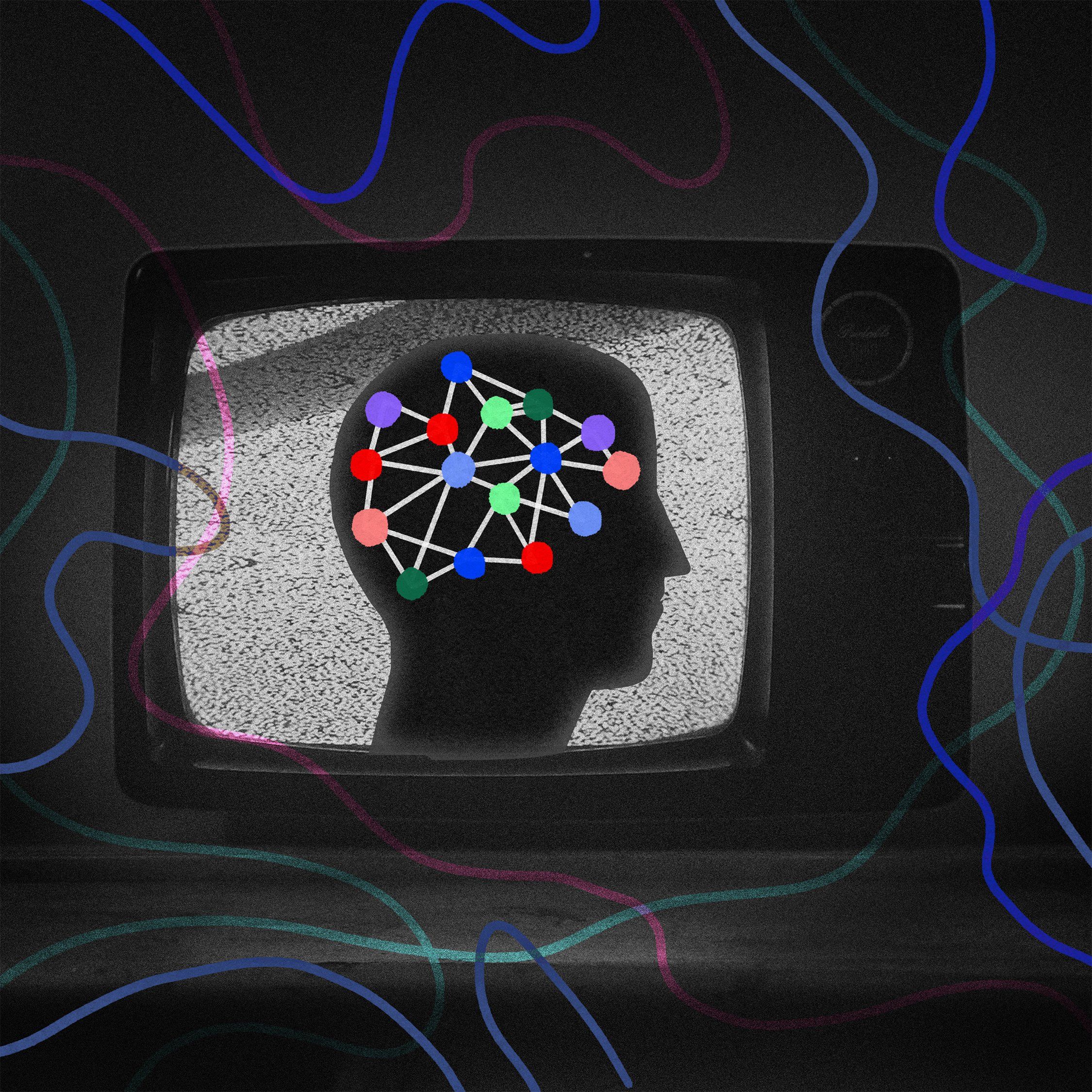 Na ciemnym tle ekran telewizora a na nim zarys ludzkiej głowy z kolorowymi światełkami wewnątrz