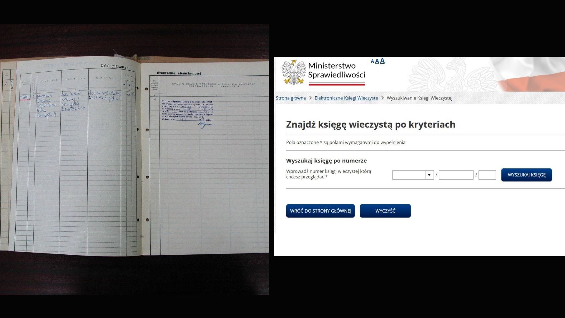 Zestawione dwa zdjęcia: ksiegi wieczystej z odręcznym wpisem i obecnej wyszukiwarki ksiąg