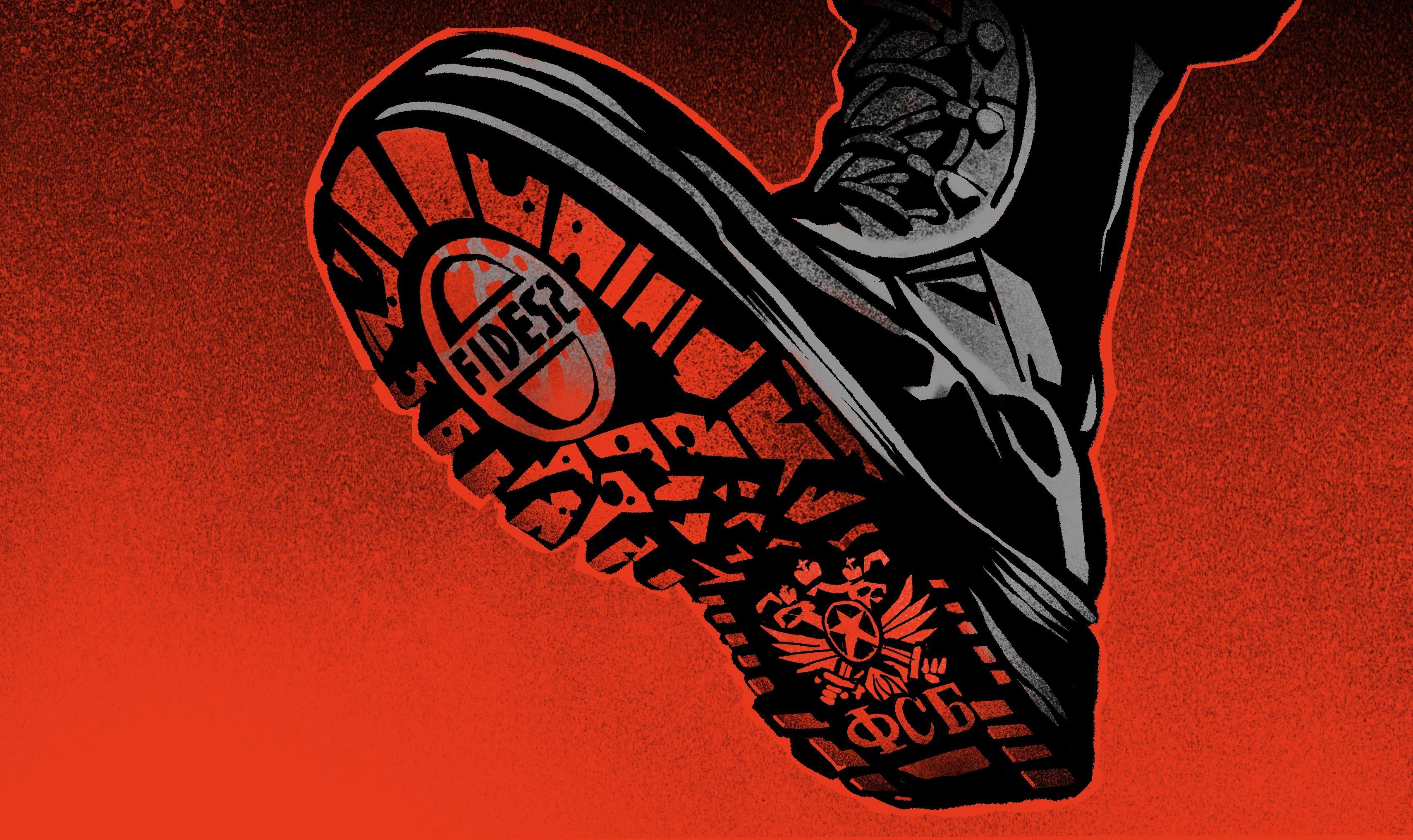 Ciężki but wojskowy z napisem "Fidesz" na podeszwie