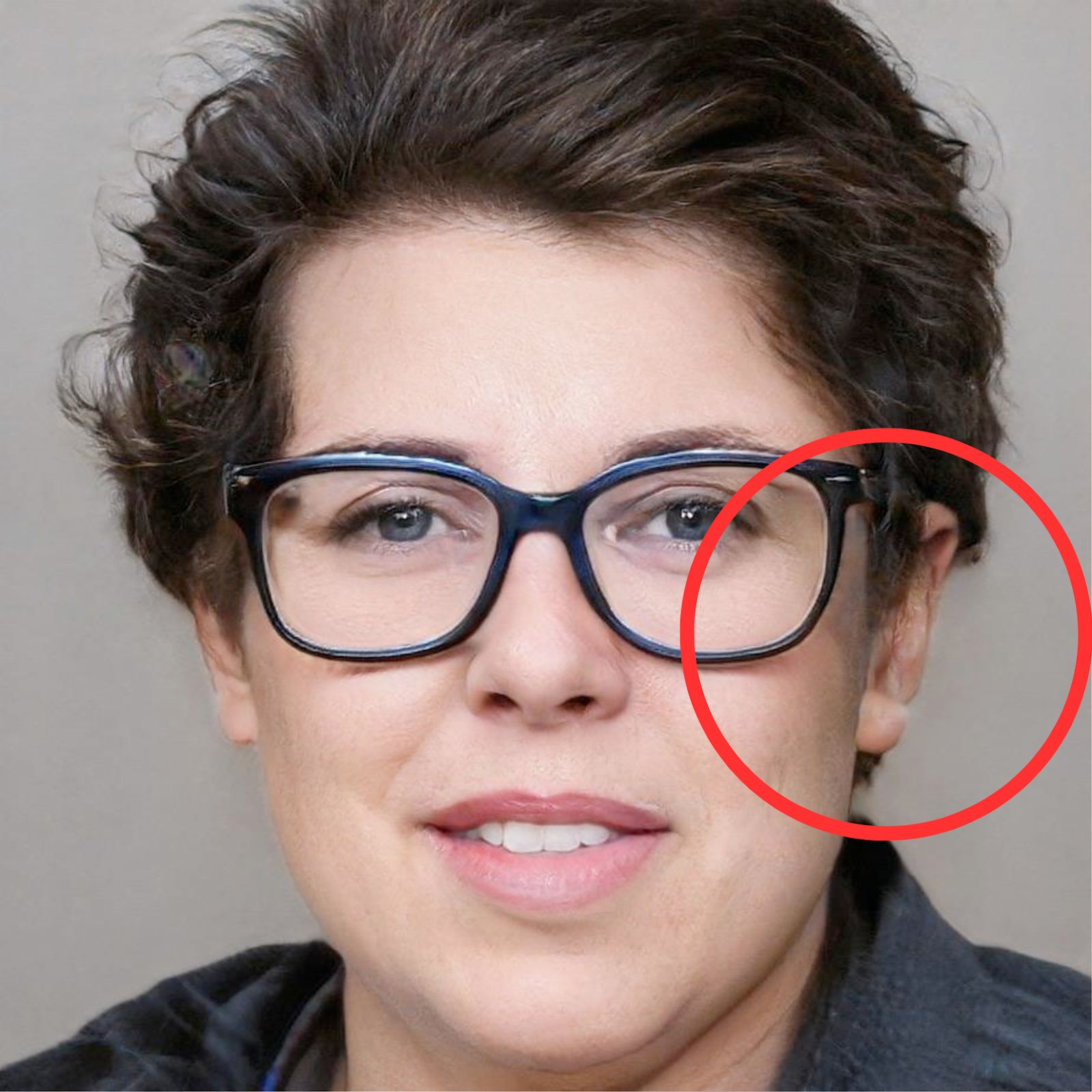Wygenerowany przez sztuczną inteligencję portret kobiety w średnim wieku w okularach. Lewe ucho zaznaczone czerwonym kółkiem mającym zwrócić uwagę na zniekształcenia obrazu