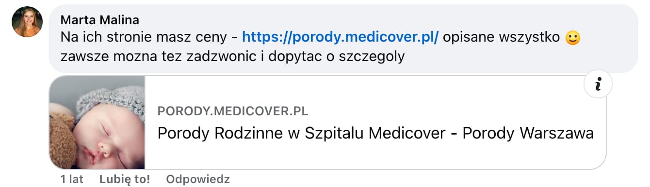 Screen komentarza autorstwa Marty Maliny z Facebooka. Treść: Na ich stronie masz ceny - link do strony szpitala - opisane wszystko :) zawsze mozna tez zadzwonic i dopytac o szczegoly
