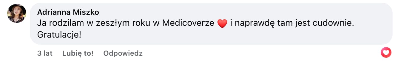 Screen komentarza autorstwa Adrianny Miszko z Facebooka. Treść: Ja rodzilam w zeszłym roku w Medicoverze