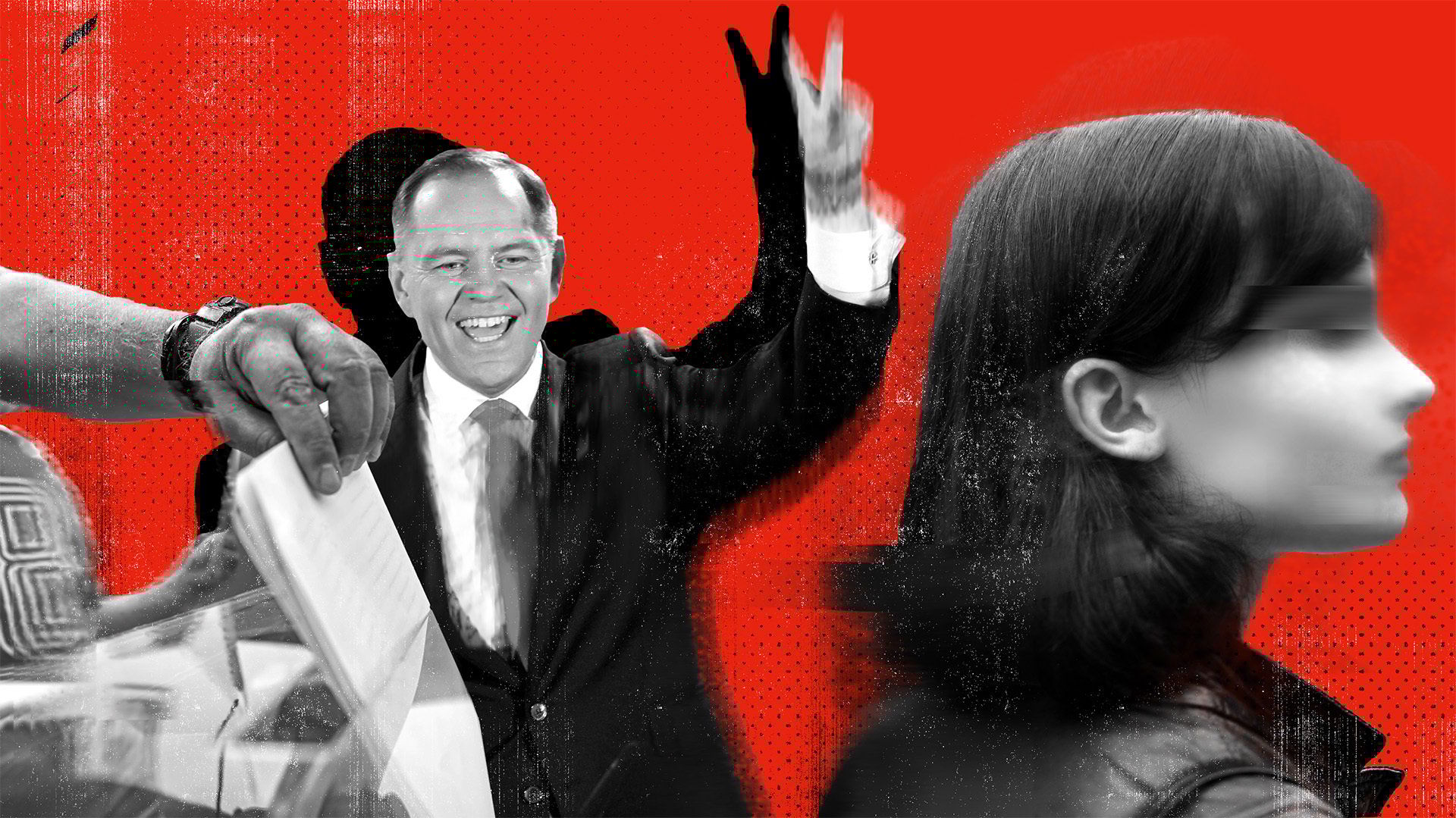 Na czerwonym tle sylkwetka Karola Nawrockiego, na pierwszym planie głowa kobiety