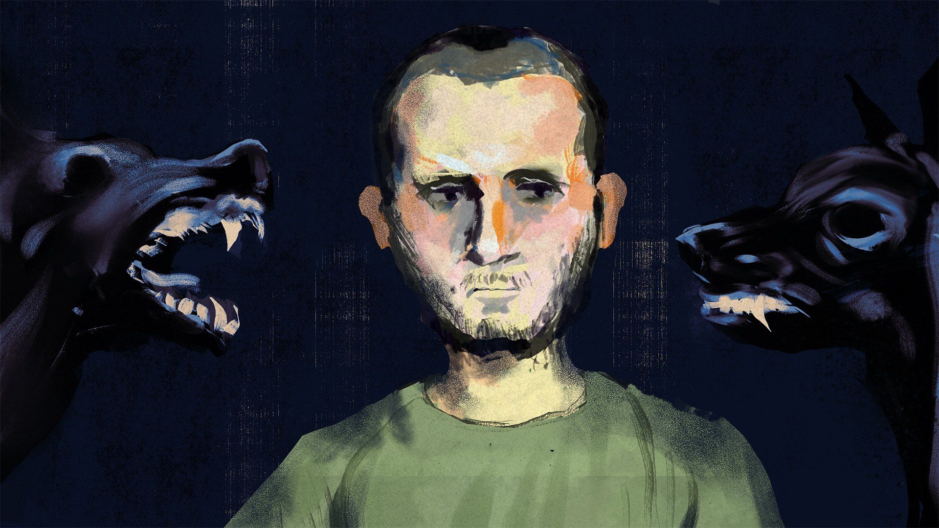 portret smutnego młodego chłopaka w zielonej koszulce, obok niego groźne sylwetki przypominające szczekające i warczące psy
