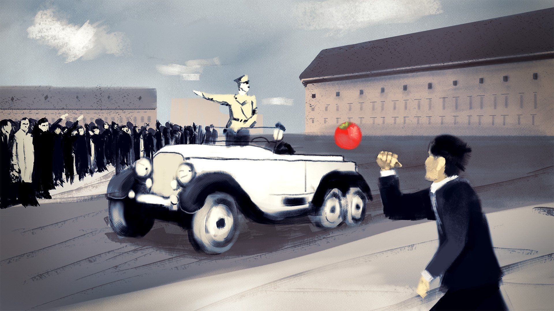 Ilustracja – osoba na pierwszym planie rzuca w Hitlera stojącego w jadącym aucie pomidorem.