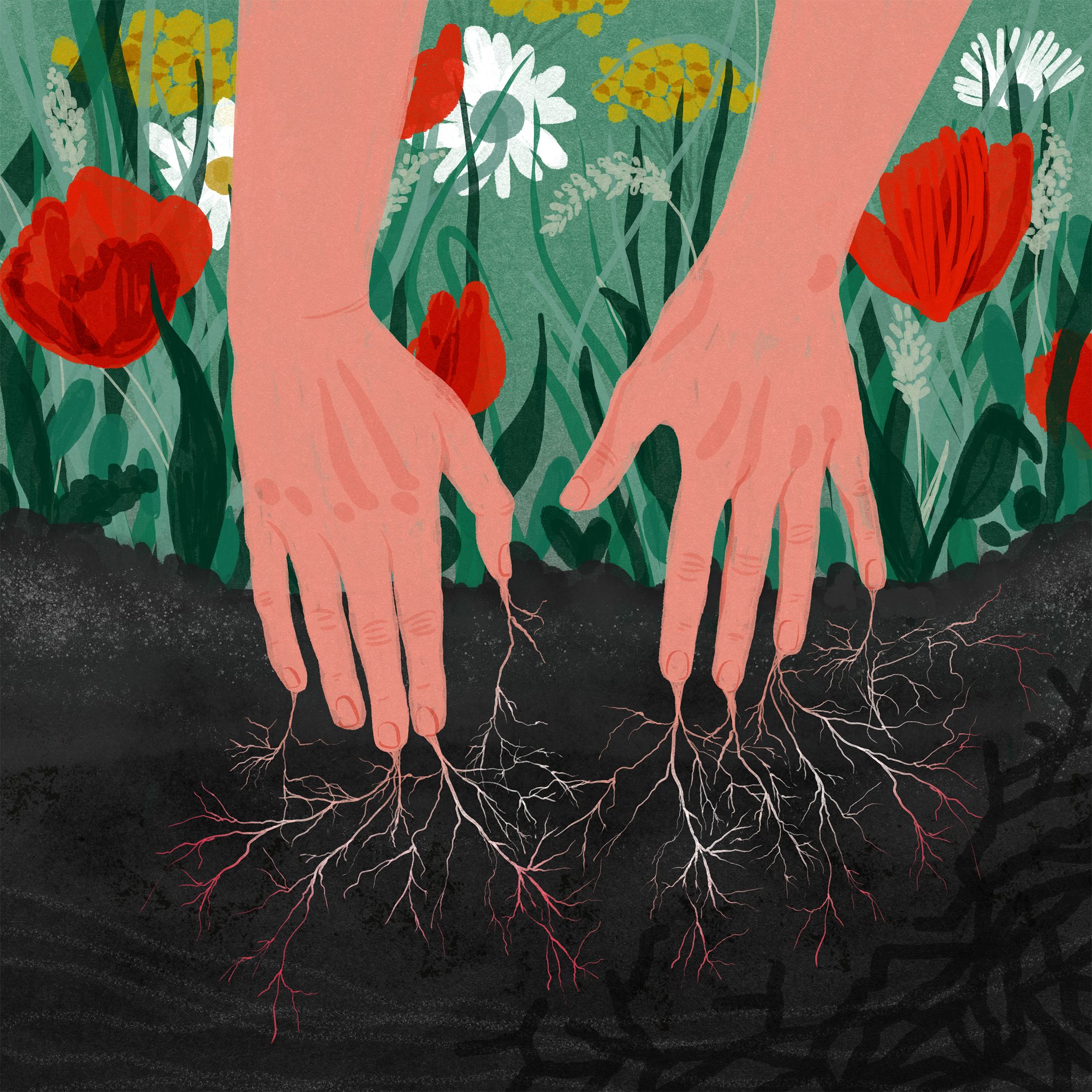 Ilustracja przedstawia dłonie siegające do ziemii. Z końców palców wyrastają korzenie