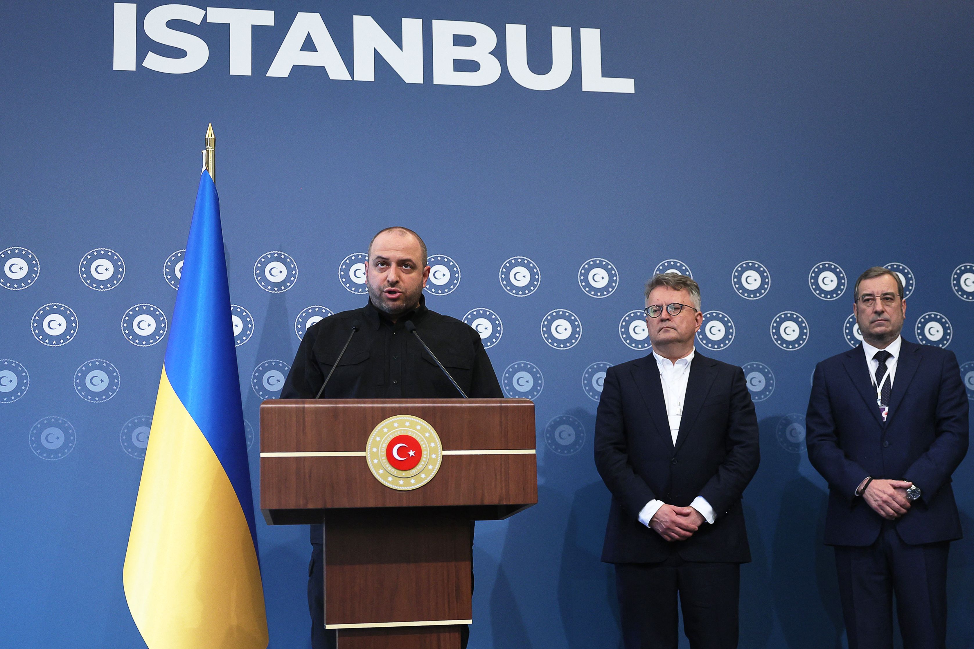 Head of the Ukrainian delegation and Ukraine's Defence Minister Rustem Umierov (L) speaks during a press conference after a second meeting of direct talks between Ukrainian and Russian delegations, at the Ciragan Palace, in Istanbul, on June 2, 2025. Ukrainian and Russian delegations have begun a second round of peace talks in Istanbul, where they are set to exchange plans for how they want to end the three-year war. (Photo by Adem ALTAN / AFP)