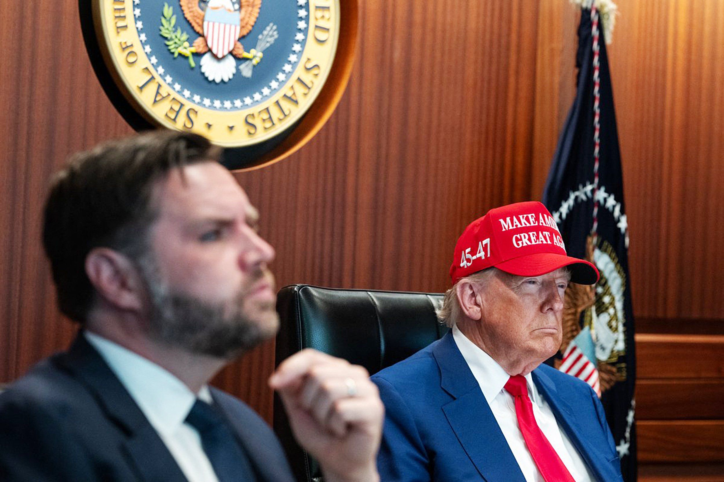 In a photo released by the White House via X, US President Donald Trump (R) and Vice President JD Vance (L) are seen in the Situation Room of the White House on June 21, 2025 in Washington, DC. Trump said June 21, 2025 the US military has carried out a "very successful attack" on three Iranian nuclear sites, including the underground uranium enrichment facility at Fordo. "We have completed our very successful attack on the three Nuclear sites in Iran, including Fordow, Natanz, and Esfahan," Trump said in a post on his Truth Social platform. (Photo by WHITE HOUSE / AFP) / RESTRICTED TO EDITORIAL USE - MANDATORY CREDIT "AFP PHOTO / WHITE HOUSE  " - NO MARKETING NO ADVERTISING CAMPAIGNS - DISTRIBUTED AS A SERVICE TO CLIENTS