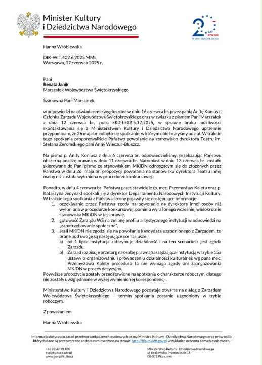 Skan pisma z Ministerstwa Kultury, które jest opisane w tekście