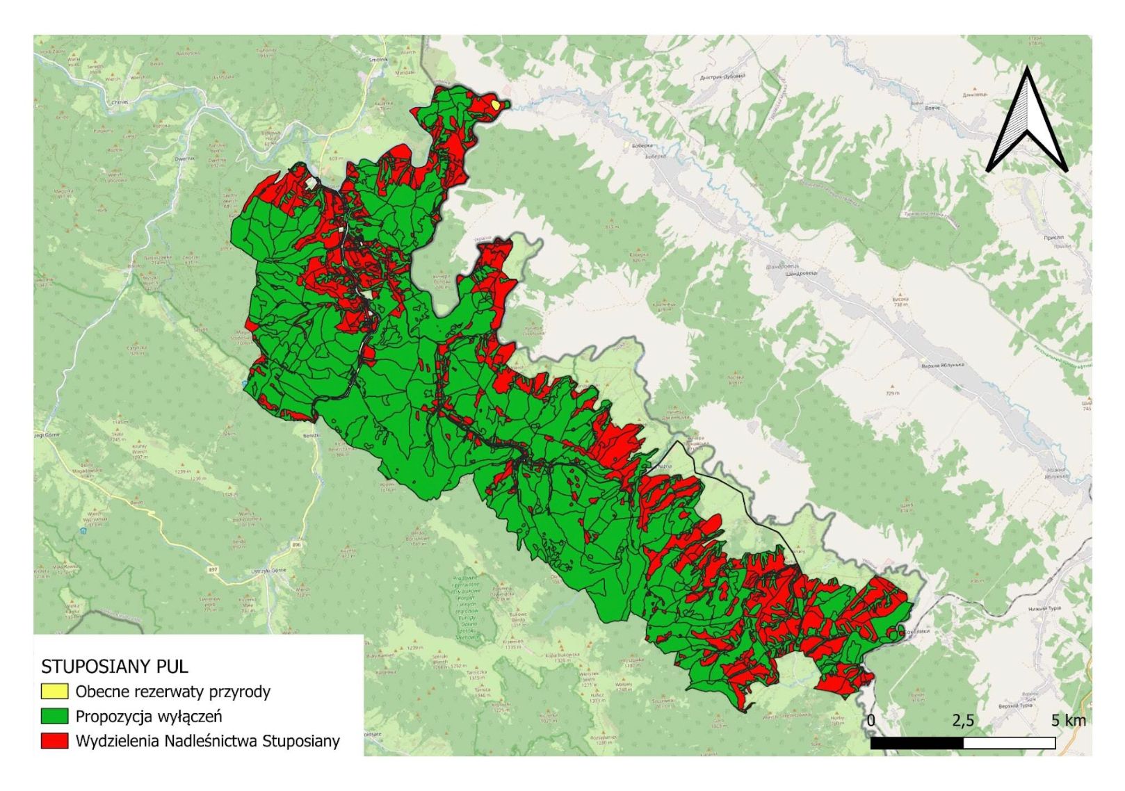 mapa nadleśnictwa stuposiany, na której organizacje zaznaczyły miejsca, które powinny być wyłączone z wycinki