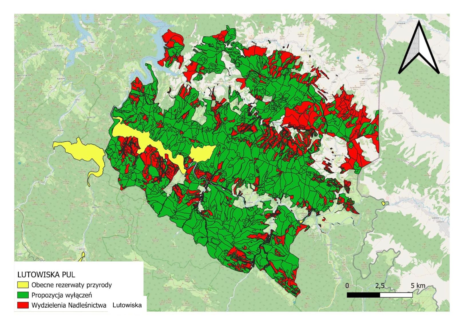 mapa nadleśnictwa lutowiska, na której organizacje zaznaczyły miejsca, które powinny być wyłączone z wycinki